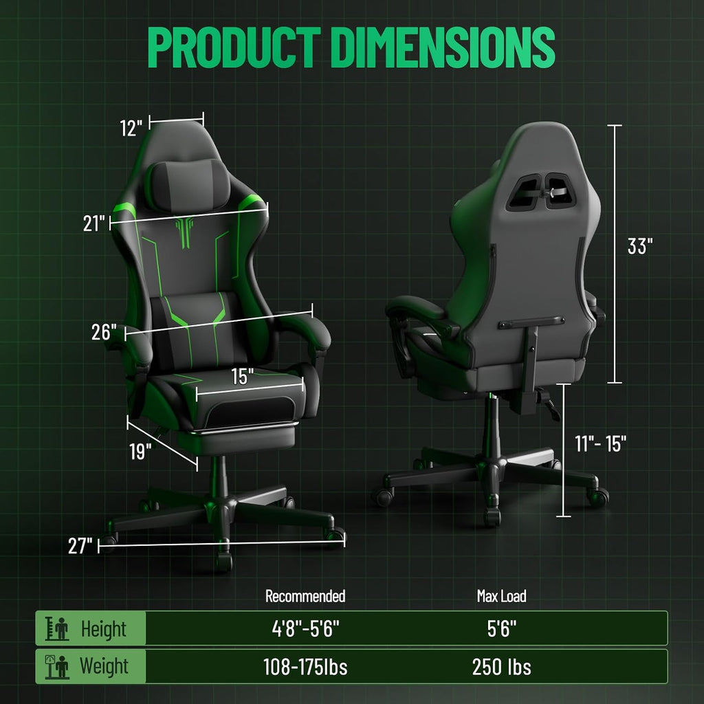 Soontrans PU Leather Ergonomic Gaming Chair, High Back Computer Chair with Footrest and Linkage Armrest, Office Video Game Chair with Massage Lumbar Support for Adult, Grey/Black