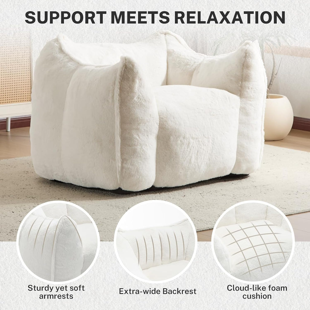 Giant Bean Bag Chair, Comfy Large Bean Bag Chairs for Adults and Kids, Fluffy Faux Rabbit Fur Floor Sofa for Living Room Bedroom Apartment, Beige