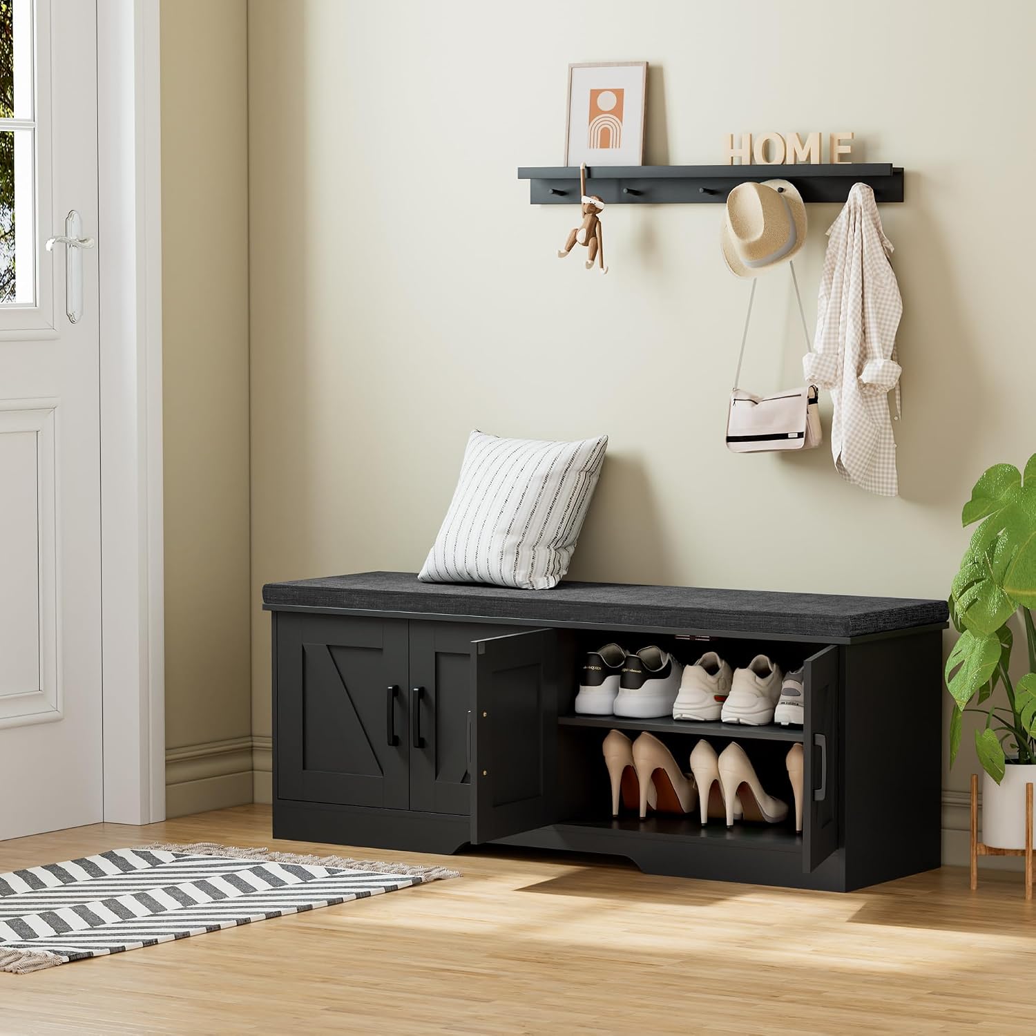 HOMSHO 2-Tier Storage Bench, 47.2' Wide Shoe Bench with Padded Seat Cushion, Entryway Bench with 4 Barn Doors and Adjustable Shelf, Black