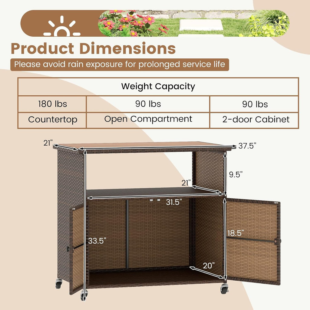 Tangkula Rattan Outdoor Storage Cabinet, Patiojoy PE Wicker Outdoor Cabinet with Acacia Wood Countertop, Open Compartment, Storage Shelf, Outdoor Bar with 4 Wheels for Garden Backyard Deck