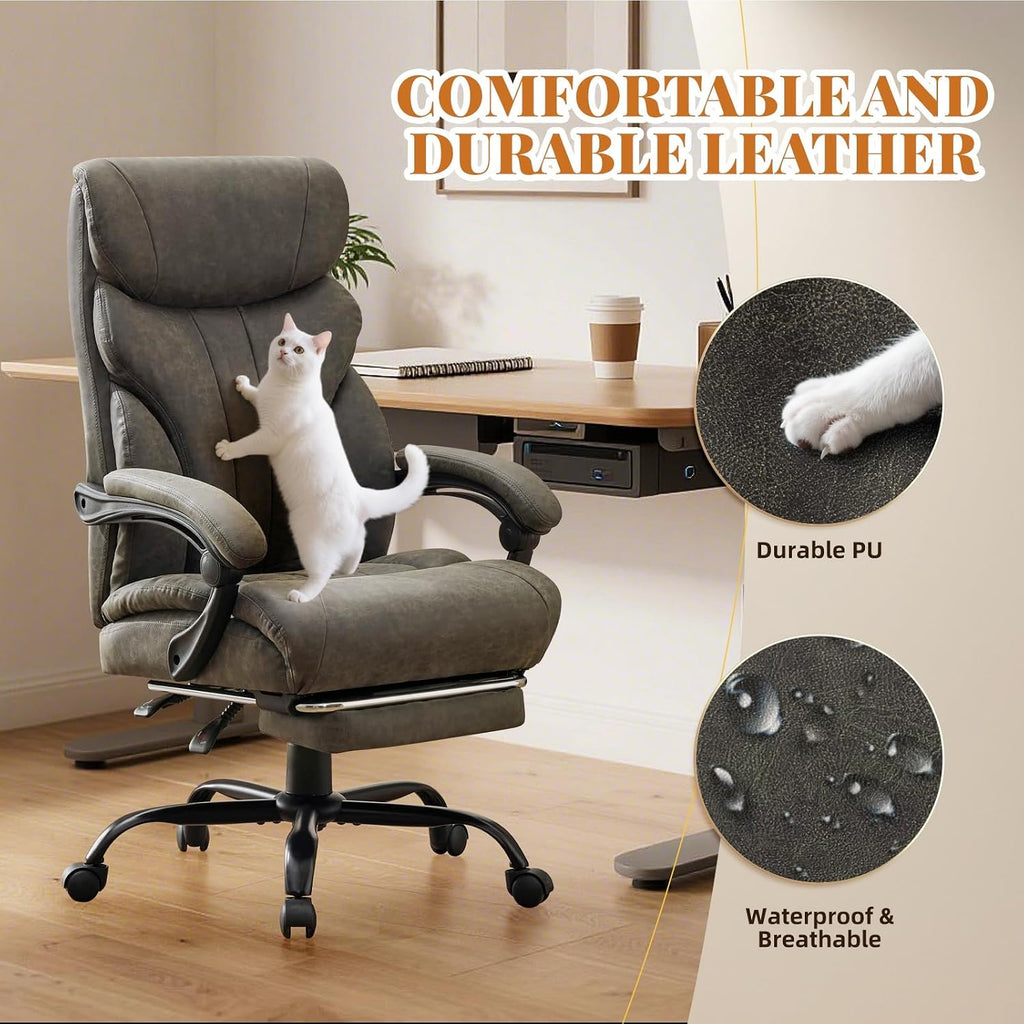 Big and Tall Office Chairs with Foot Rest,500LBS Wide Ergonomic Gaming Chair,100-135°Recline Executive Leather Computer Chairs with Adjustable Height,Gray