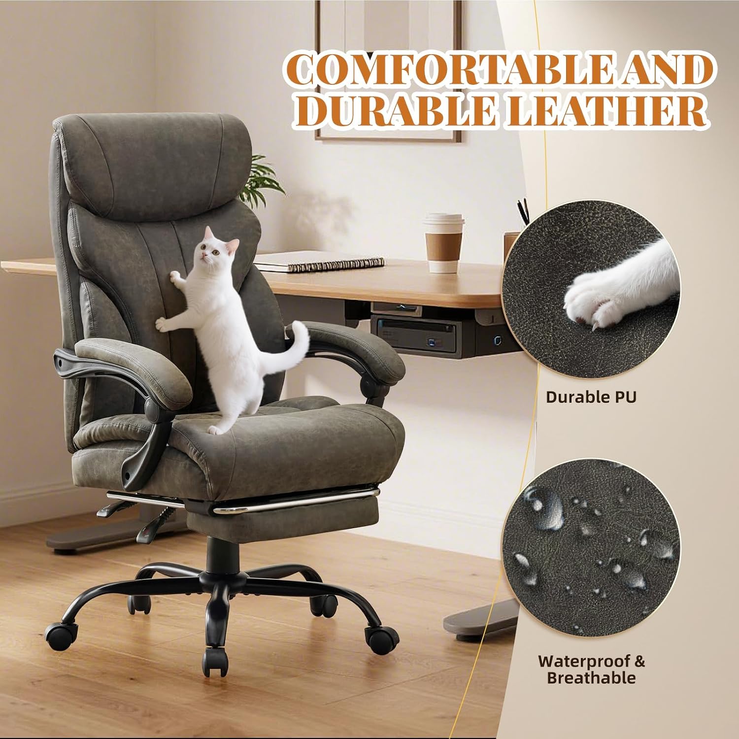 Big and Tall Office Chairs with Foot Rest,500LBS Wide Ergonomic Gaming Chair,100-135°Recline Executive Leather Computer Chairs with Adjustable Height,Gray