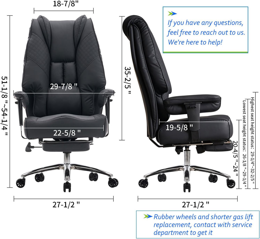 EXCEBET Big and Tall Office Chair 400lbs Wide Seat, Leather High Back Executive Office Chair with Foot Rest, Ergonomic Chairs Lumbar Support for Lower Back Pain Relief (Black)
