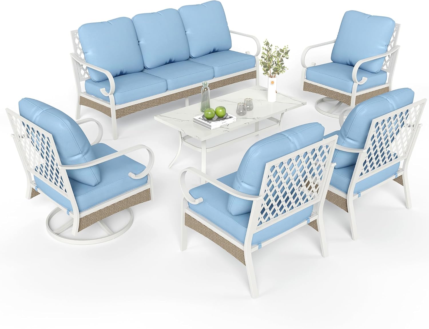 MIXPATIO 6 Piece Patio Furniture Set, 2 x Fixed Chair, 2 x Swivel Chair, 1 x 3-Seat Sofa with Marbling Coffee Table, All Cushioned 7 Seats Outdoor Conversation Set for Lawn Garden Backyard, Blue
