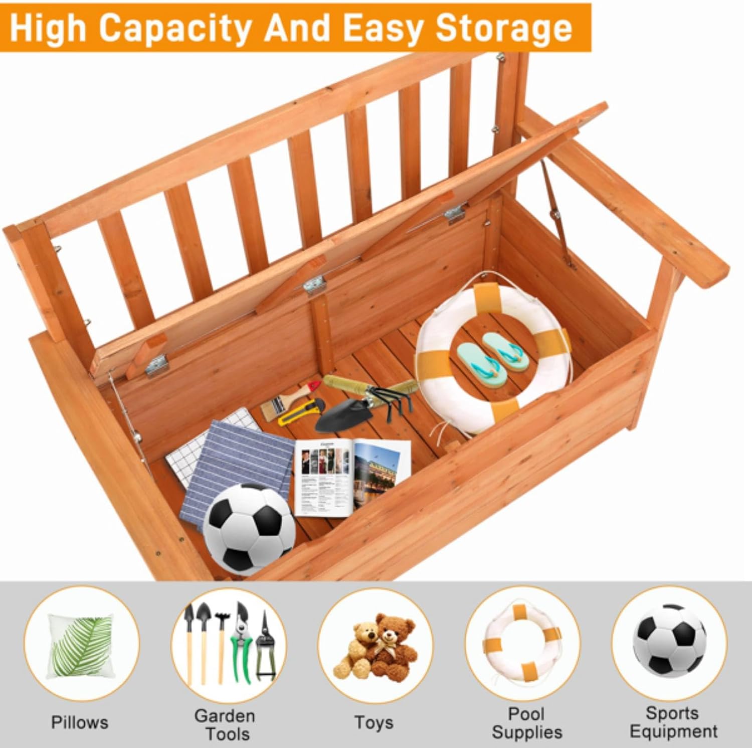 Cedar Wood Deck Box Bench, Storage Box with Backrest Armrest, All-Weather Yard Container Furniture for Tools, Toys, Outdoor Storage Bench Deck Box w/Seat for Backyard, Porch, Patio, Garden