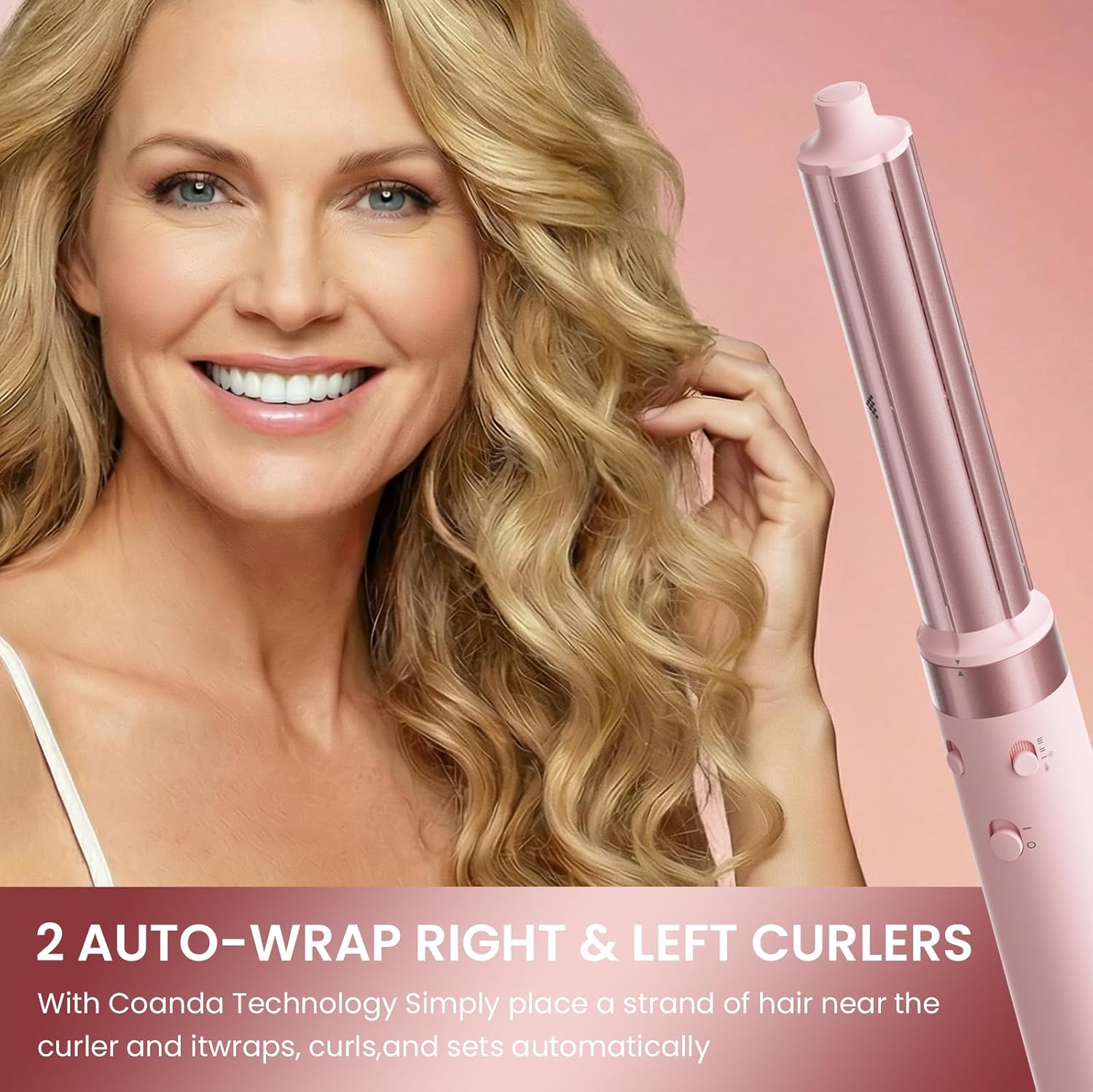 MESCOMB Dual Voltage Hair Dryer Brush - 5 in 1 Hot Air Styler Wrap with Auto Wrap Curlers, Fast Drying, Straightening & Volumizing, 100V–240V Global Travel with Storage Bag-Peach Pink