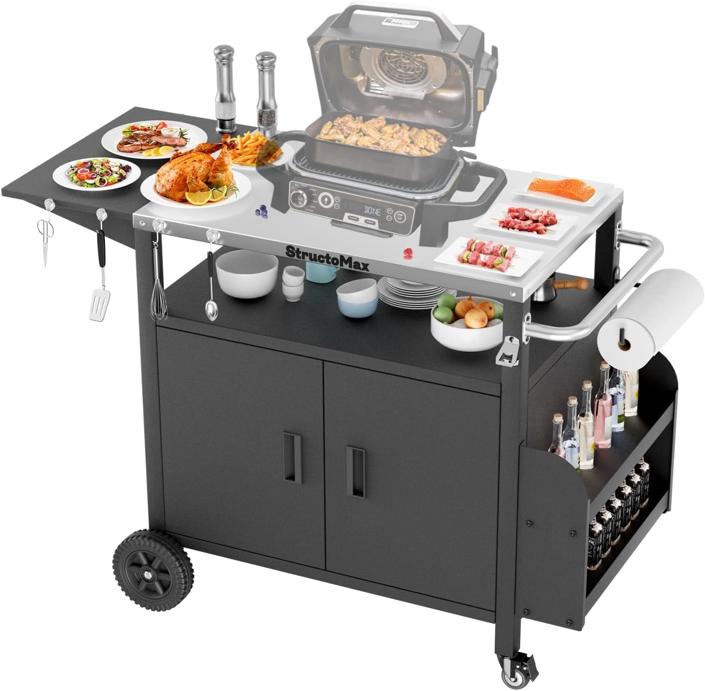 XL Outdoor Grill Cart with Cabinet, Extra-Wide Stainless Steel Table Top, Large Spice Rack & Lockable Wheels, Outdoor Kitchen Island Grill Table for BBQ, Cooking & Prep