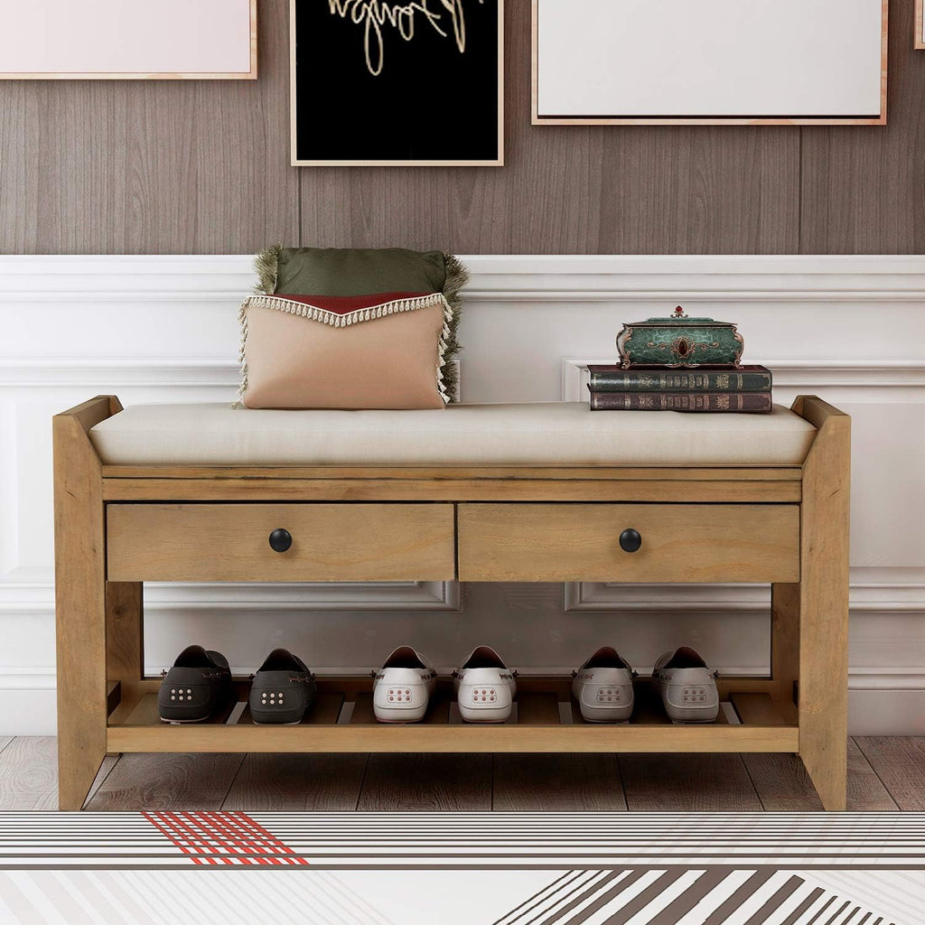 Harper & Bright Designs TREXM Shoe Rack with Cushioned Seat and Drawers, Multipurpose Entryway Storage Bench (Old Pine)
