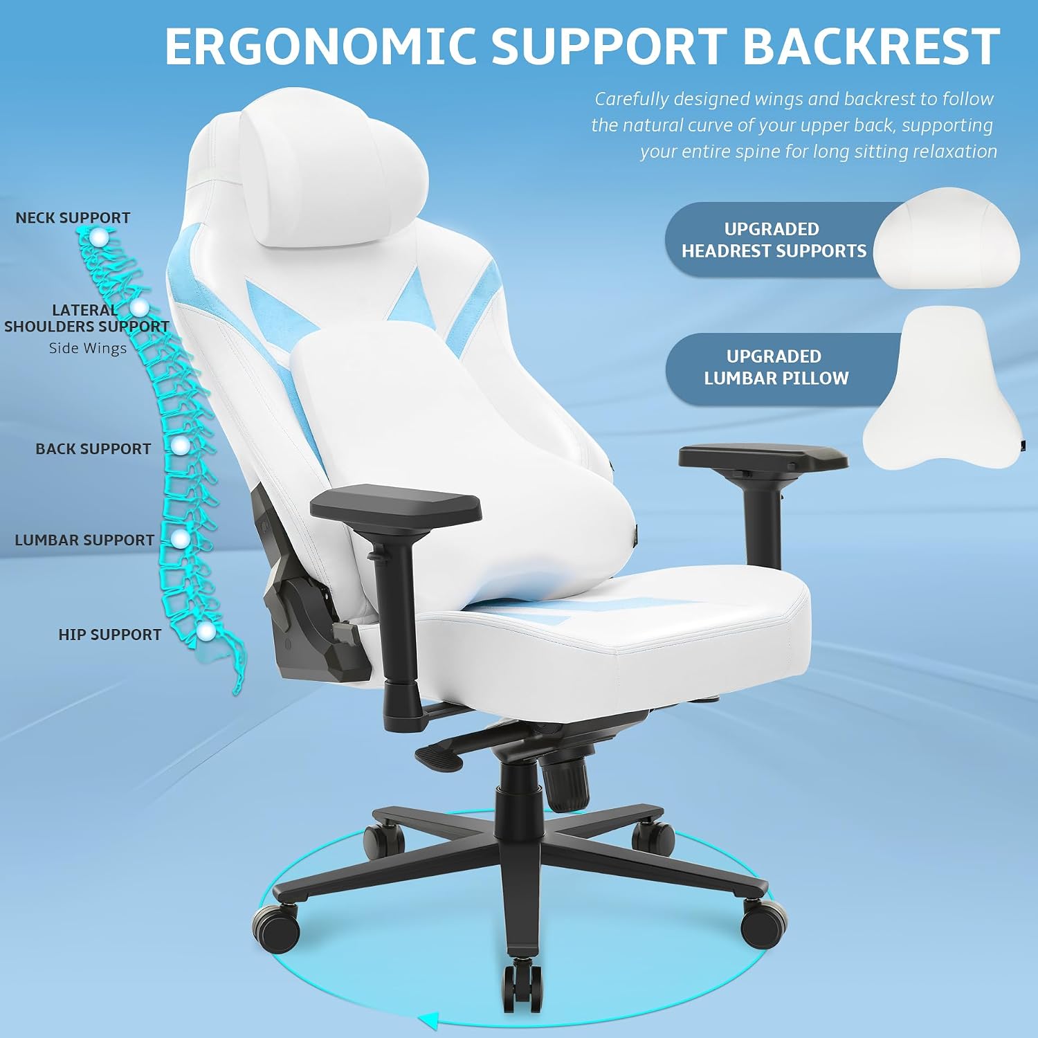 Ergonomic Gaming Chair, Computer Desk Chairs, 4D Armrests, High Back Office Chair with Headrest & Lumbar Pillow, Tilt Rocker Recliner, Heavy-Duty Base, White PU Leather & Blue Suede Combo