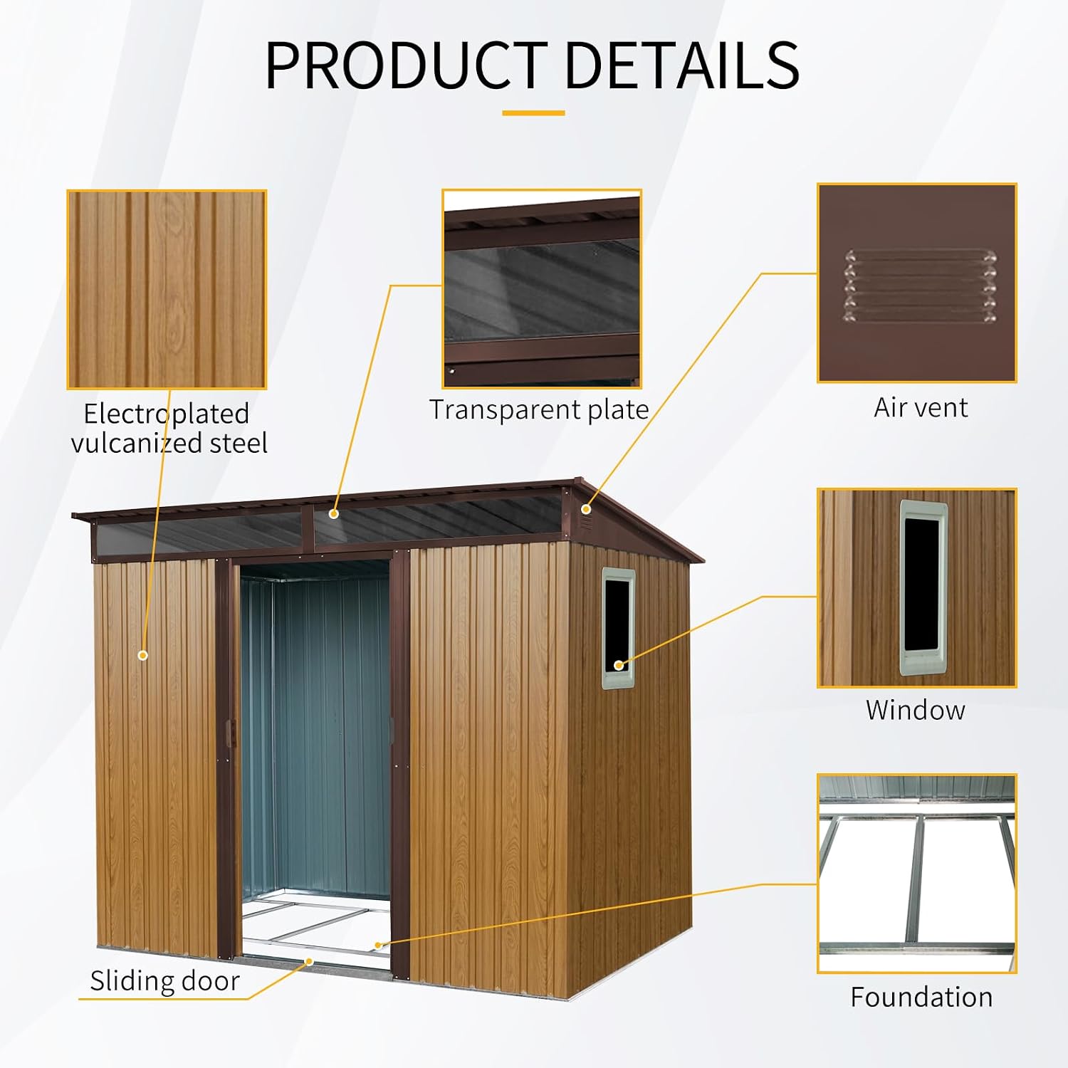 JT 8X6FT Outdoor Storage Shed, Galvanized Metal Garden Shed with Window and Metal Foundation, Tool Storage Shed for Patio Lawn Backyard (Coffee-with The window-8ftx6ft)