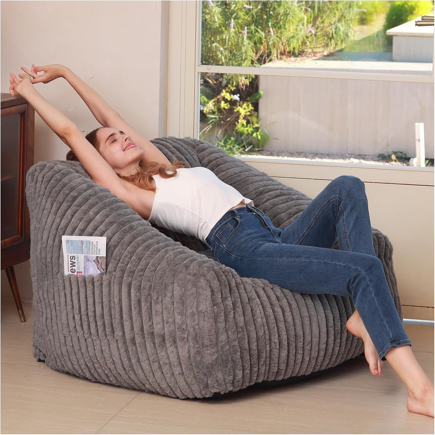 Bean Bag Chair with Memory Foam Filling- Large Stuffable Soft Giant Beanbag Reading Chair, Adults Lounge Gaming Lazy Sofa Bed for Living Room Bedroom- Grey, Stripe Fur
