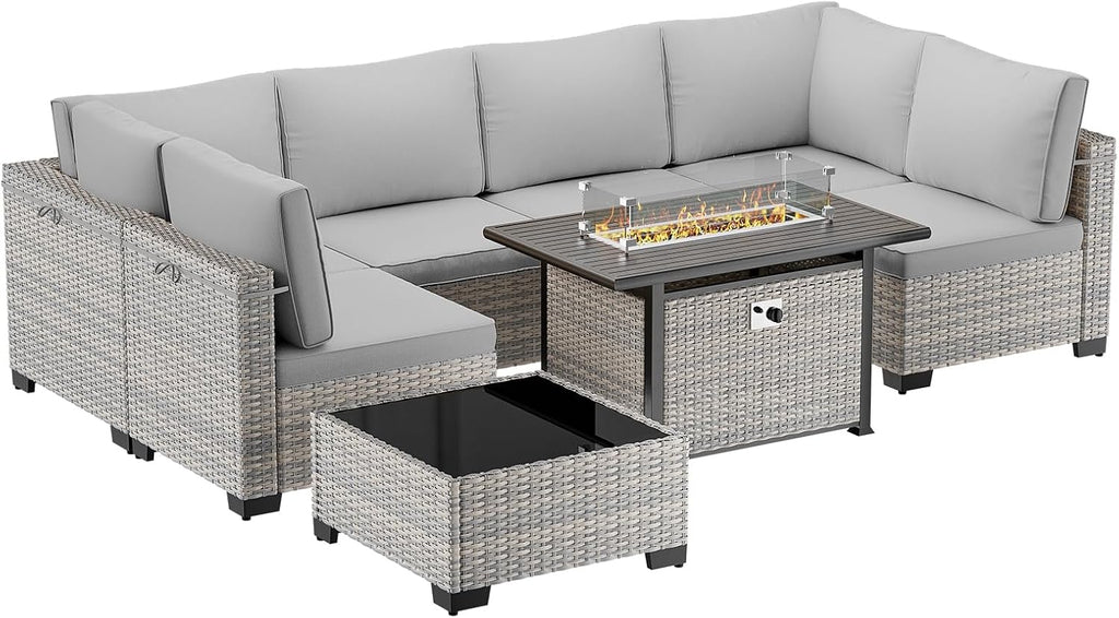 8-Piece Modern Patio Furniture Set with 55,000 BTU Fire Pit Table, Thick Cushions, Dual-Strand Wicker Rattan, Rust-Resistant Frame, Grey