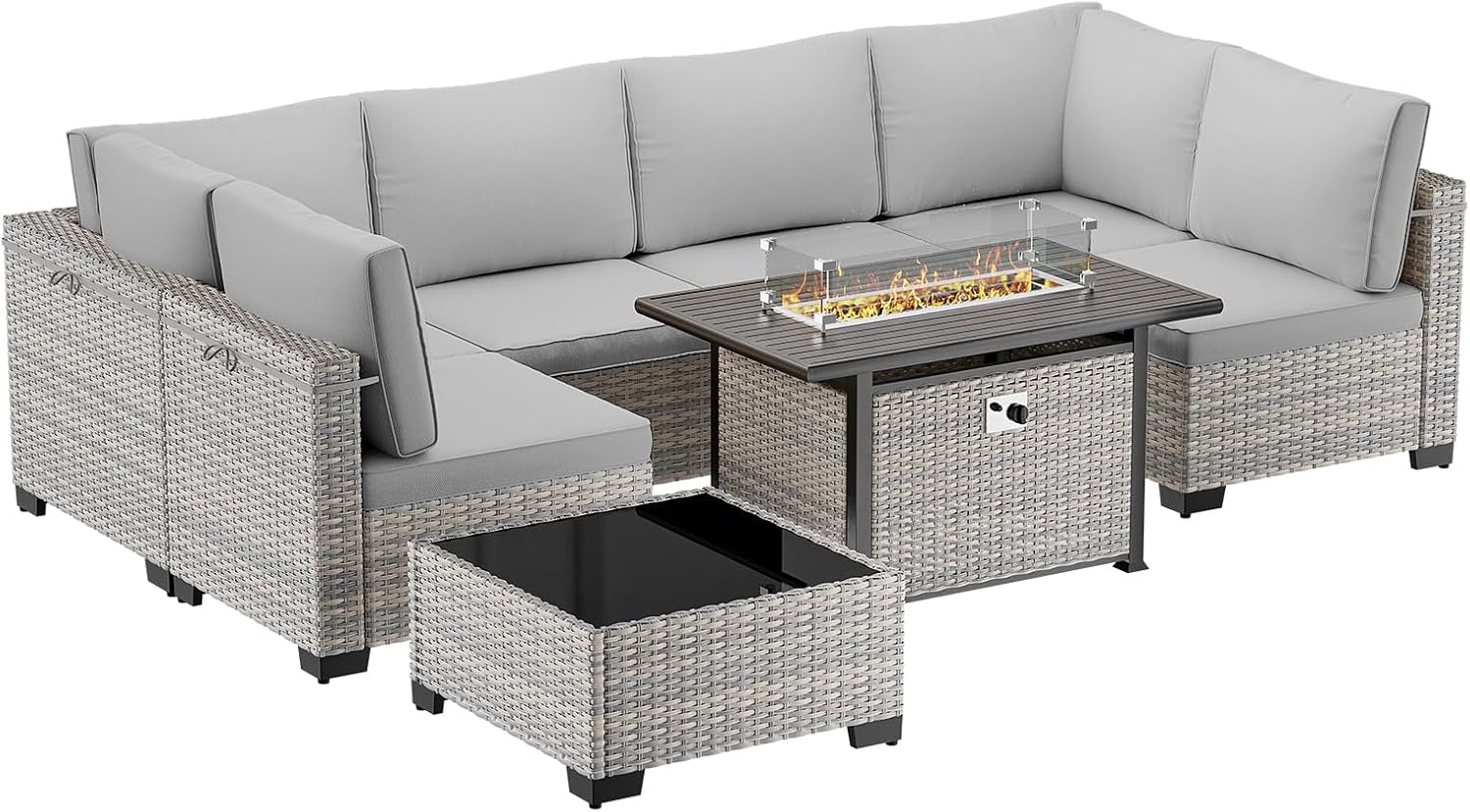 8-Piece Modern Patio Furniture Set with 55,000 BTU Fire Pit Table, Thick Cushions, Dual-Strand Wicker Rattan, Rust-Resistant Frame, Grey