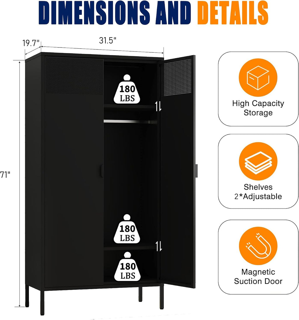 Washsemba Metal Storage Cabinets Locker with Hanging Rod and Adjustable Shelves, 71'' Clothing Steel Storage Wardrobe for Home & Office, School, Employee,Gym(Black, 71''H-Wardrobe)