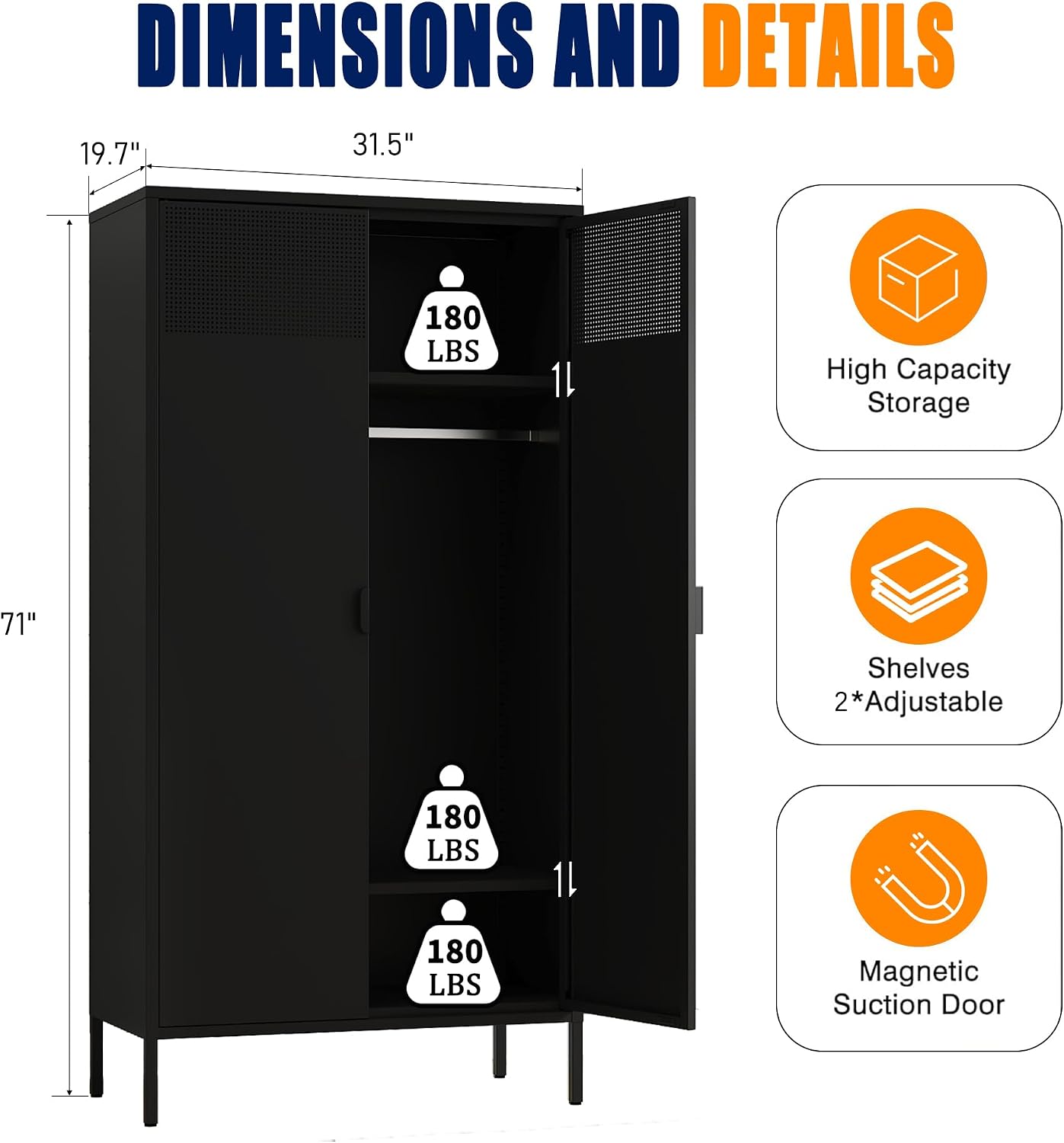 Washsemba Metal Storage Cabinets Locker with Hanging Rod and Adjustable Shelves, 71'' Clothing Steel Storage Wardrobe for Home & Office, School, Employee,Gym(Black, 71''H-Wardrobe)