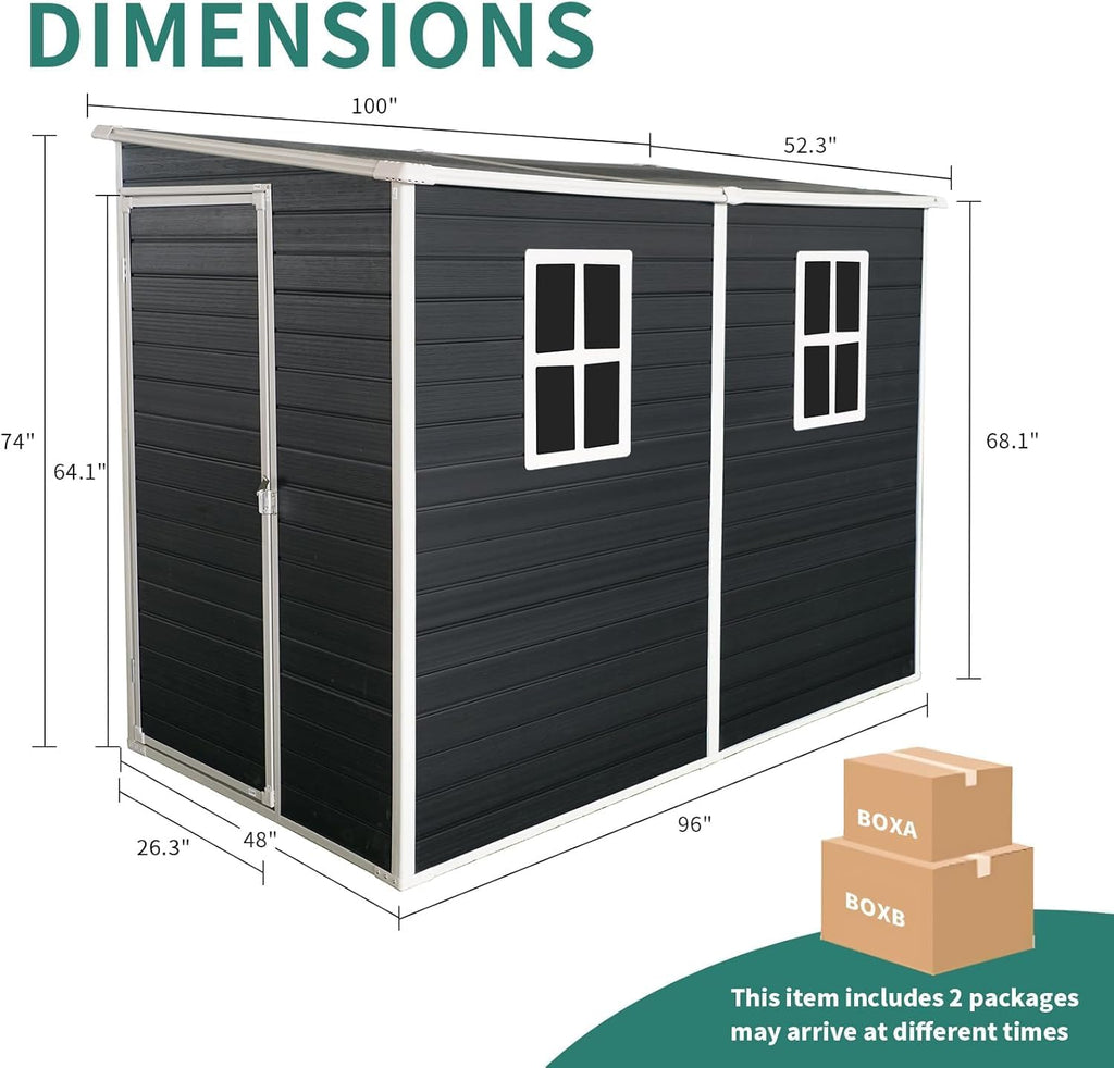 KUIKUI Shed with Floor Included, 8x4ft Storage Sheds, Plastic Lean to Backyard Shed with 2 Windows and Lockable Door, for Garden Tools, Bike, Carbon Black