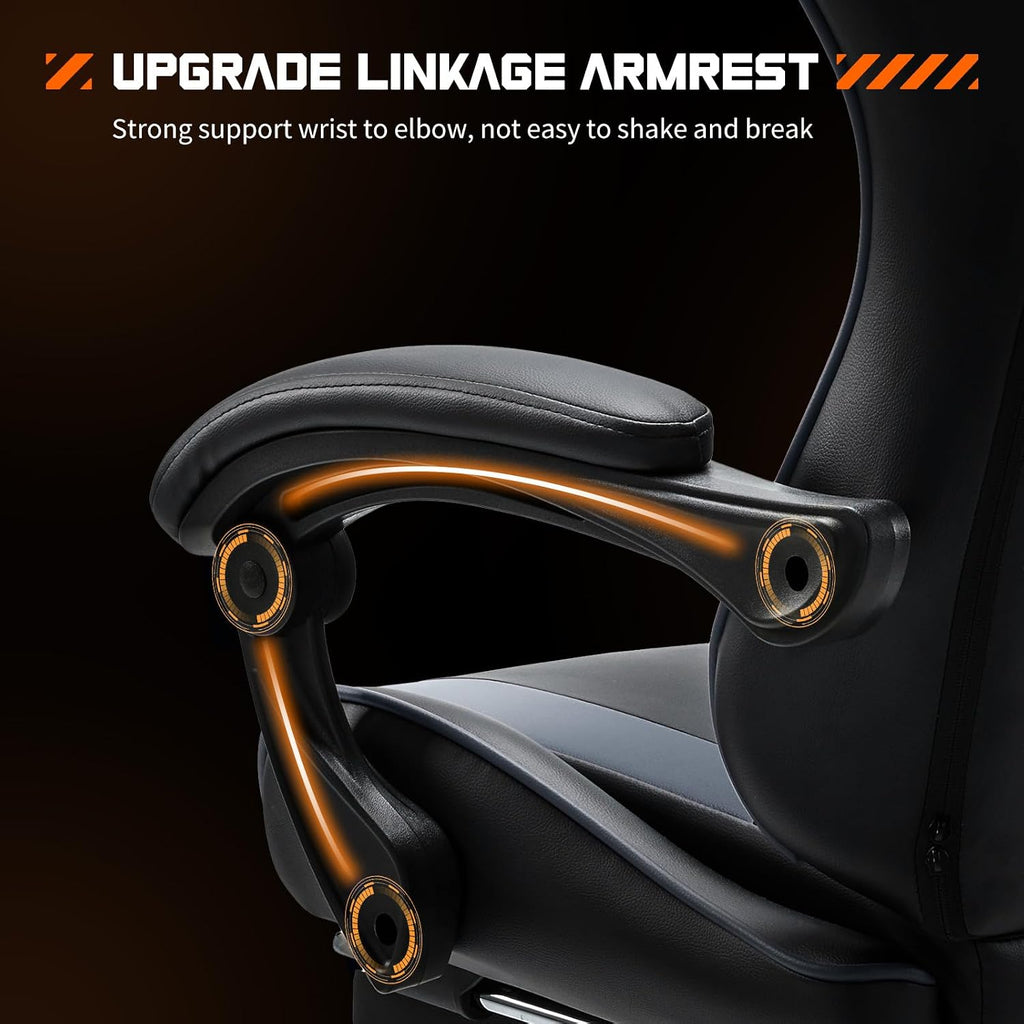 Sweetcrispy Computer Gaming Chair with Footrest, Ergonomic High Back PU Leather Video Racing Chair with Adjustable Headrest & Linkage Armrest, for Office and Home, Adults, Grey