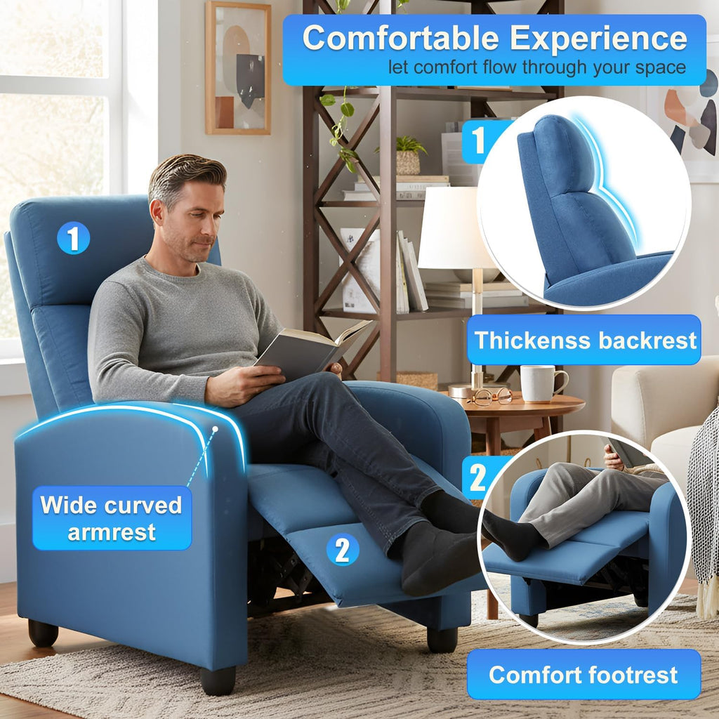 BestMassage | Recliner Chair | No Massage Function | Textile Blue | with Lumbar Support, Adjustable Push Back, Wide Armrests, Footrest & Padded Seat | Easy Assembly | for Living Room, Home Theatre