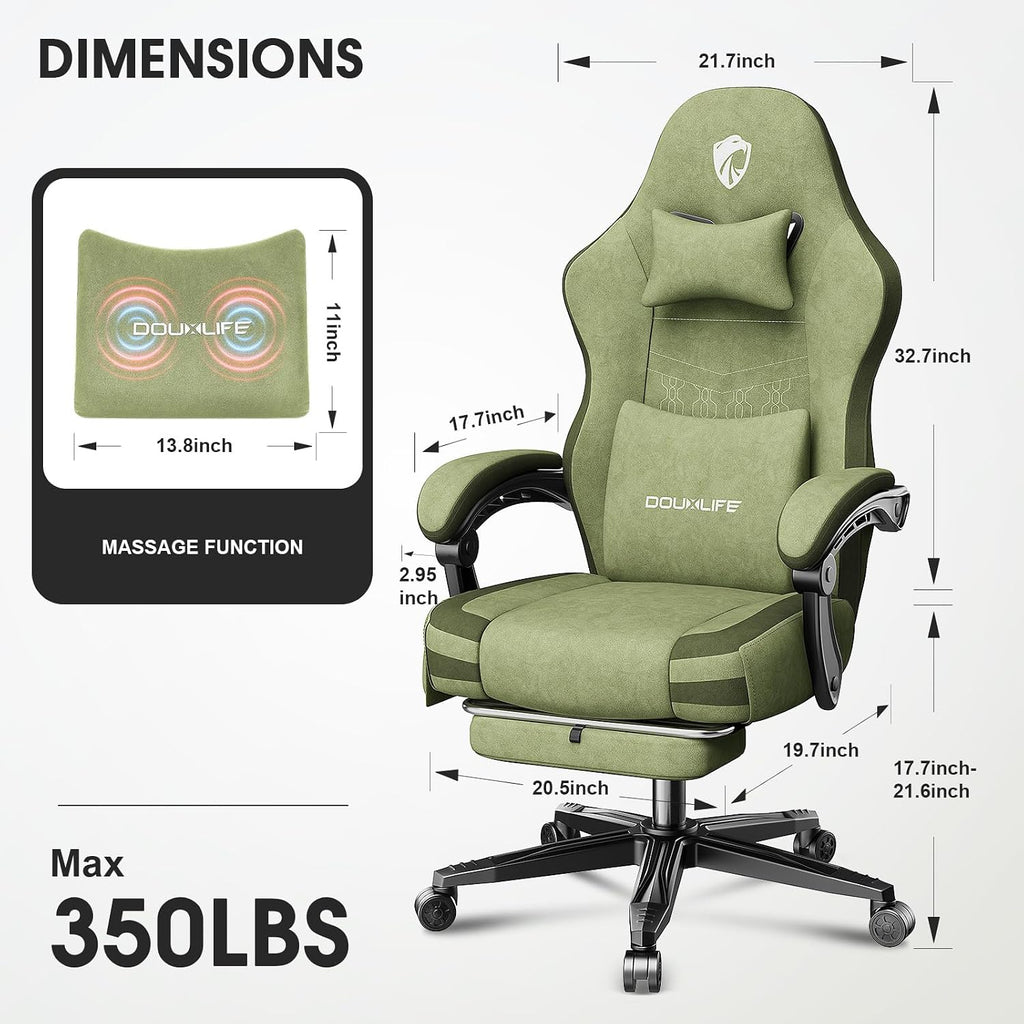 Gaming Chair, Fabric Computer Office Chair with Massage, Ergonomic Chair with Footrest Lumbar Support, Pocket Spring Widened Cushion Metal Legs 350LBS Dark Green