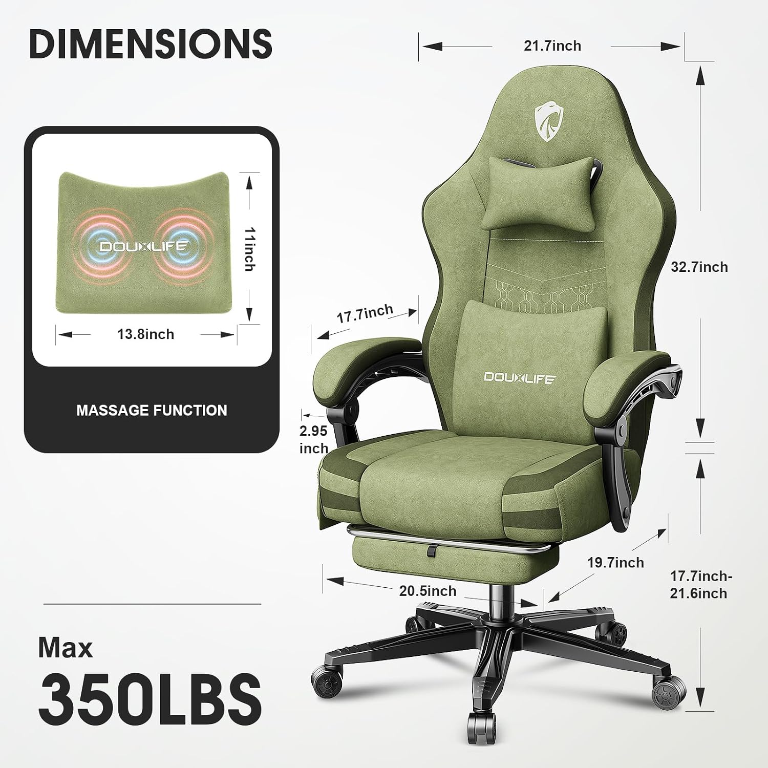Gaming Chair, Fabric Computer Office Chair with Massage, Ergonomic Chair with Footrest Lumbar Support, Pocket Spring Widened Cushion Metal Legs 350LBS Dark Green