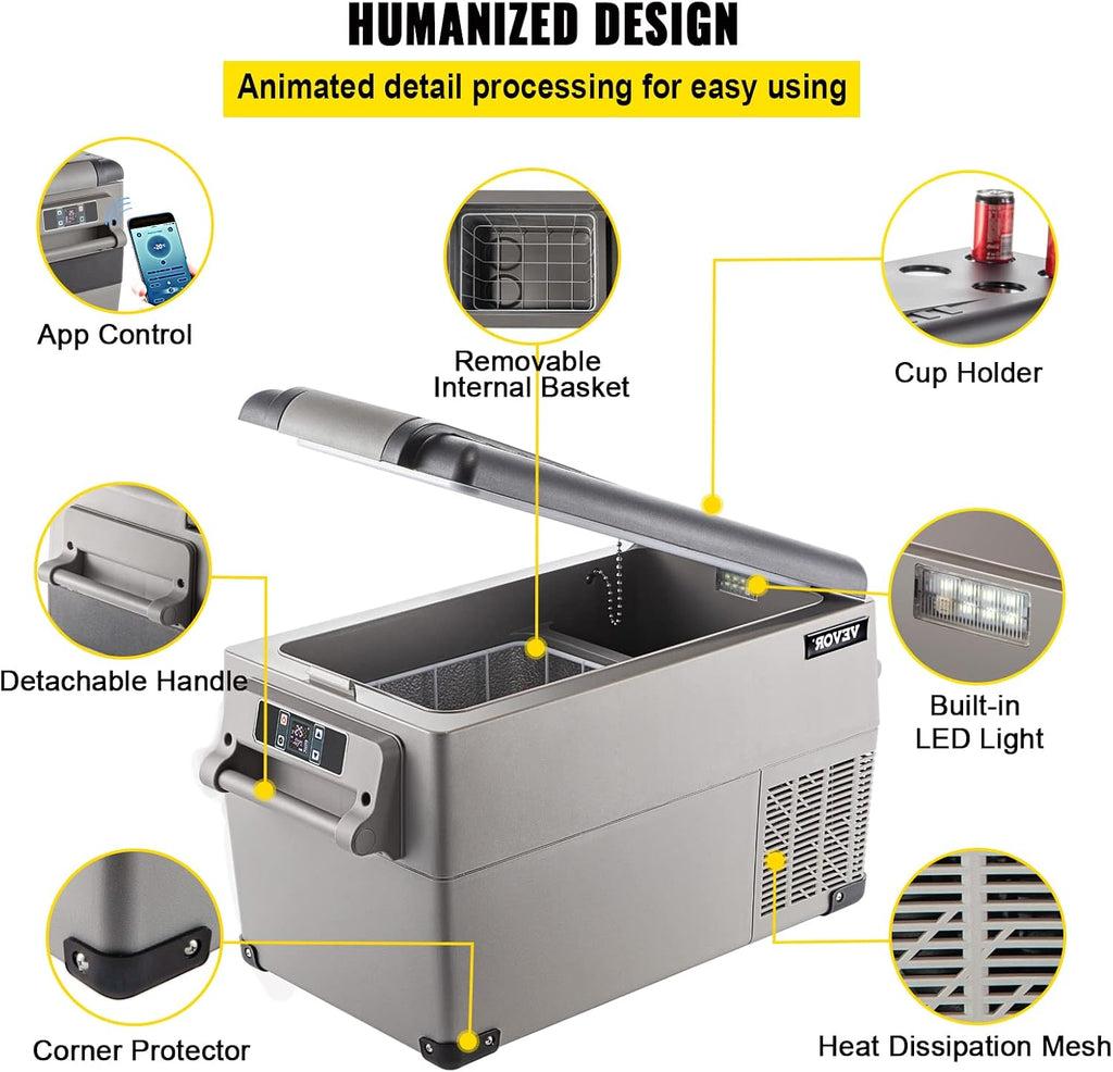VEVOR Portable Refrigerator 37 Quart(35 Liter),Travel,Car Refrigerator Dual Zone with 12/24v DC & 110-240v AC for Camping, Fishing,12 Volt Refrigerator App Control(-4℉~68℉), Outdoor or Home Use
