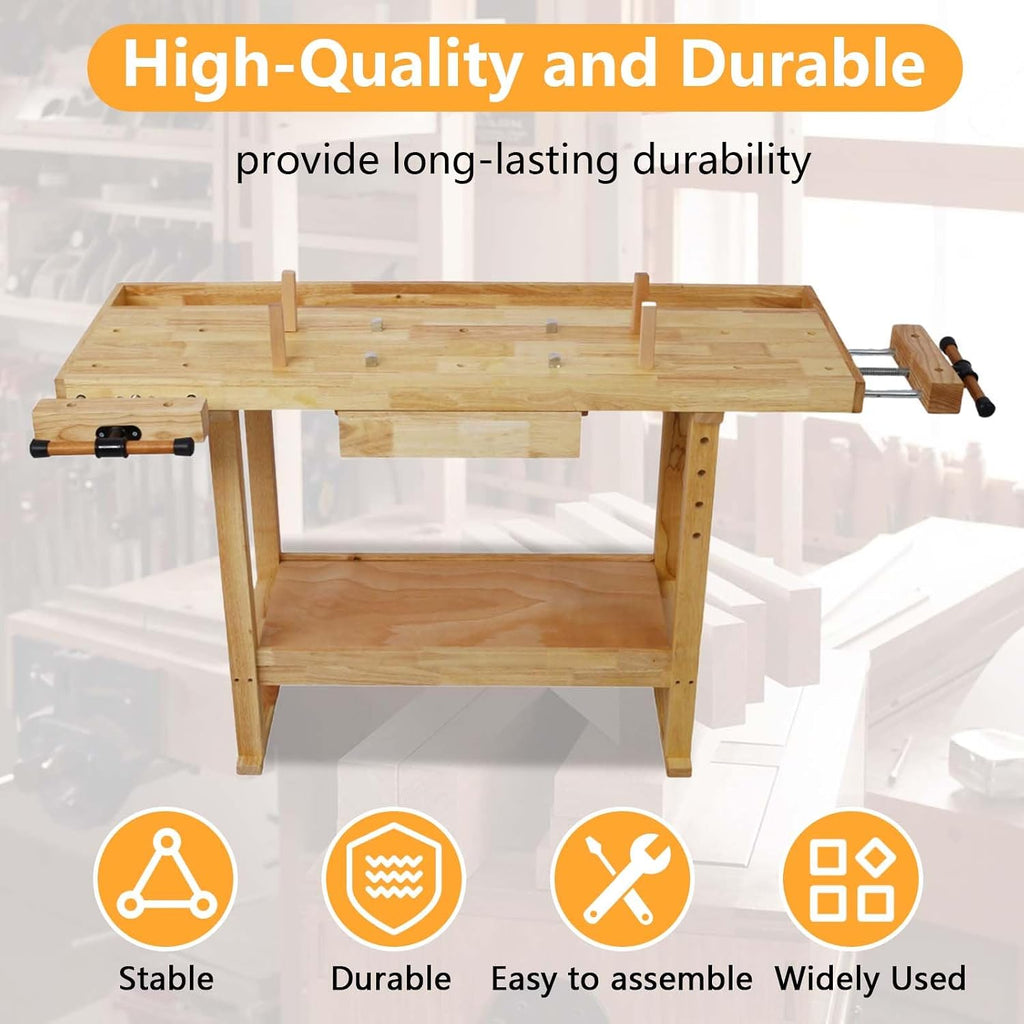 55' Rubber Wood Workbench, Heavy Duty Work Bench with Drawer& Shelf, Work Bench Table for Garage, Workshop, Home Storage, Woodworking Bench, 330 lbs Weight Capacity (55 Natural)