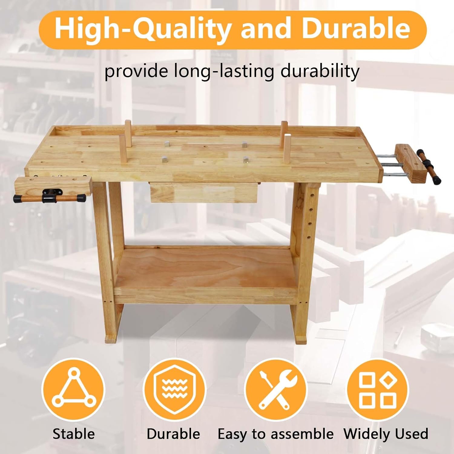 55' Rubber Wood Workbench, Heavy Duty Work Bench with Drawer& Shelf, Work Bench Table for Garage, Workshop, Home Storage, Woodworking Bench, 330 lbs Weight Capacity (55 Natural)