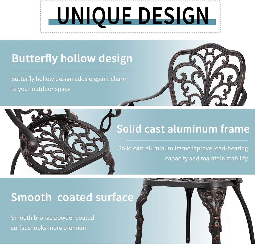 Outdoor Bistro Table and Chairs Set of 2 Cast Aluminum Patio Bistro Set with Umbrella Hole, All Weather Bistro Table Set for Garden, Suitable for All People, Bronze
