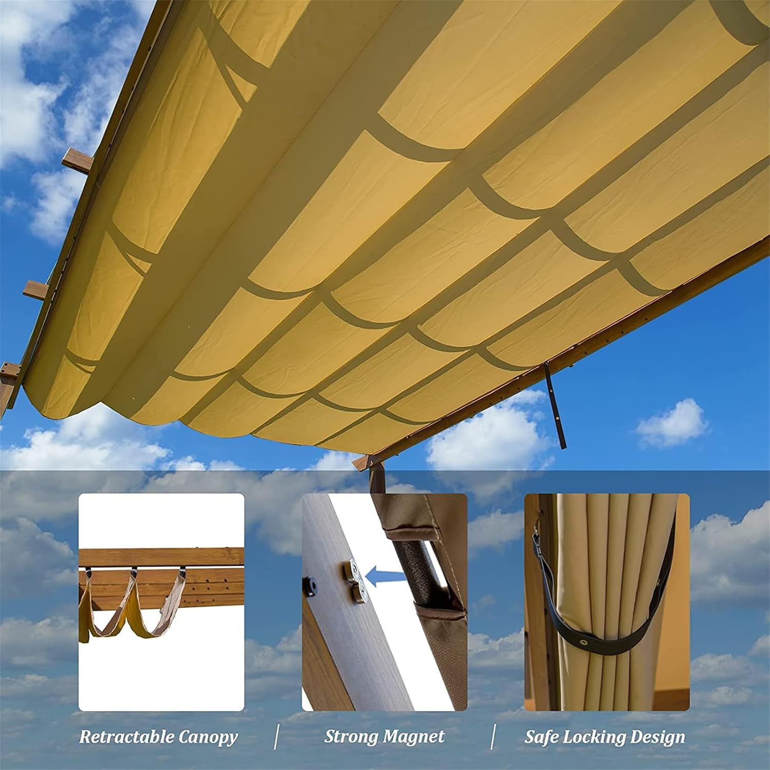 Pergola 9' X 13' Outdoor Retractable Metal Pergola with Canopy Patio Pergola with Shade Cover for Garden Pool Yard Pavilion Grill Gazebo Modern Pergola for Beach Deck, Yellow Brown+Khaki