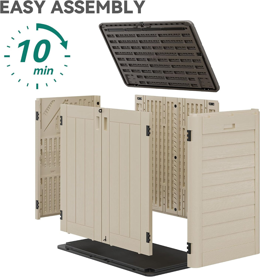 YITAHOME 30 cuft Outdoor Storage Shed w/o Shelf, Horizontal Storage Cabinet for Garden Tool, Waterproof Storage Shed Plastic for Garage, Resin Pool Storage, Easy to Assemble, Khaki & Brown