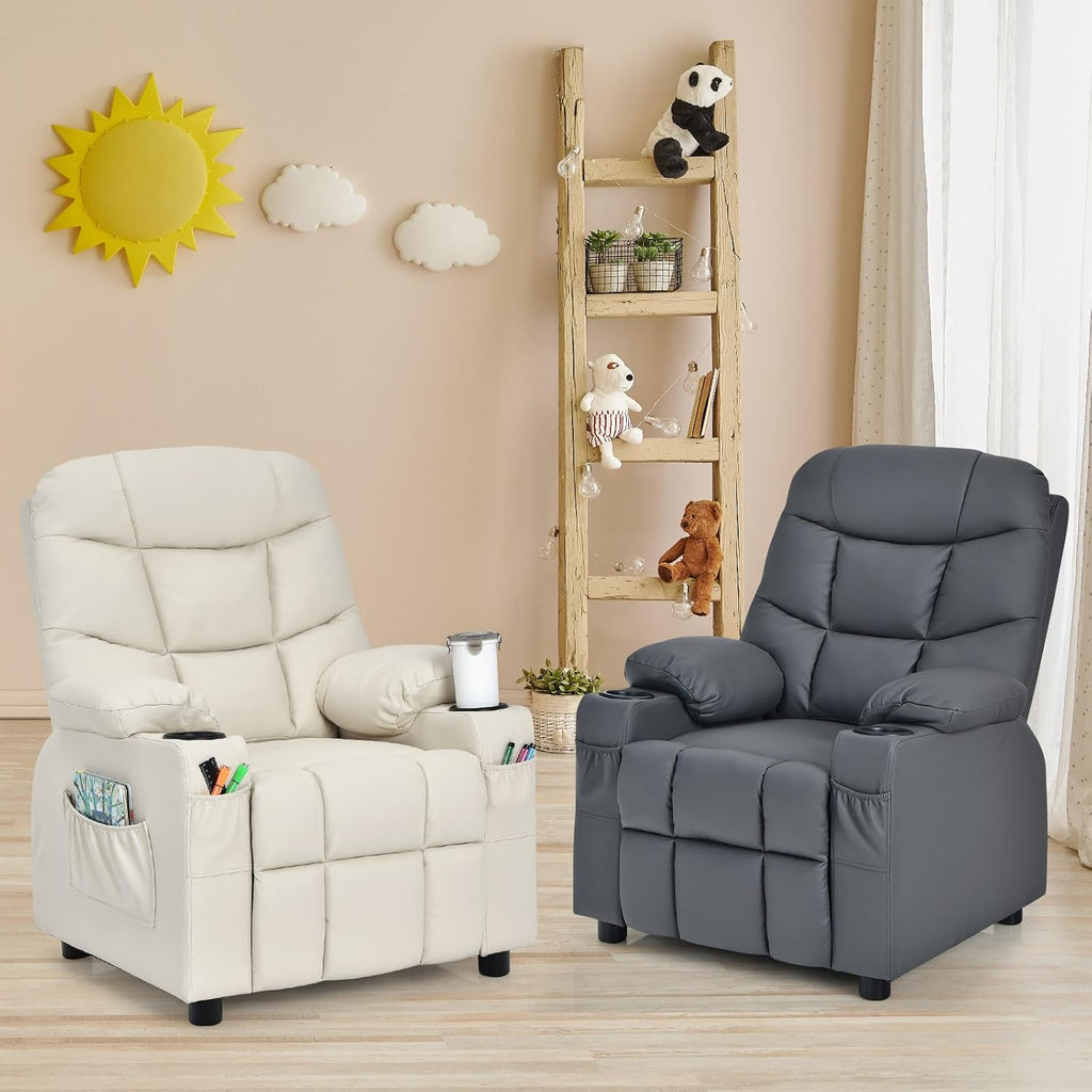 MAT EXPERT Kids Recliner, Leather Adjustable Reading Gaming Chair w/ 2 Cup Holder, 3 Side Pocket Storage & Footrest, Kids Couch Toddler Lounge Chair for Boys Girls, Kids Room Playroom Nursery (Grey)
