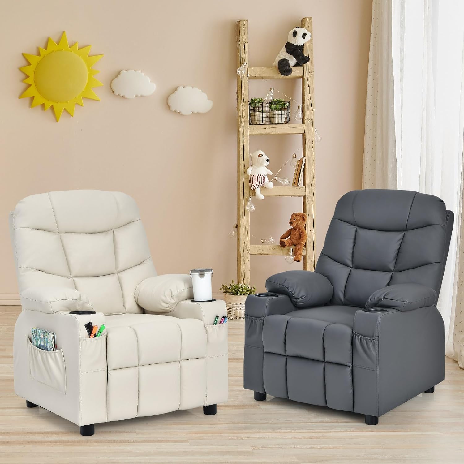 MAT EXPERT Kids Recliner, Leather Adjustable Reading Gaming Chair w/ 2 Cup Holder, 3 Side Pocket Storage & Footrest, Kids Couch Toddler Lounge Chair for Boys Girls, Kids Room Playroom Nursery (Grey)