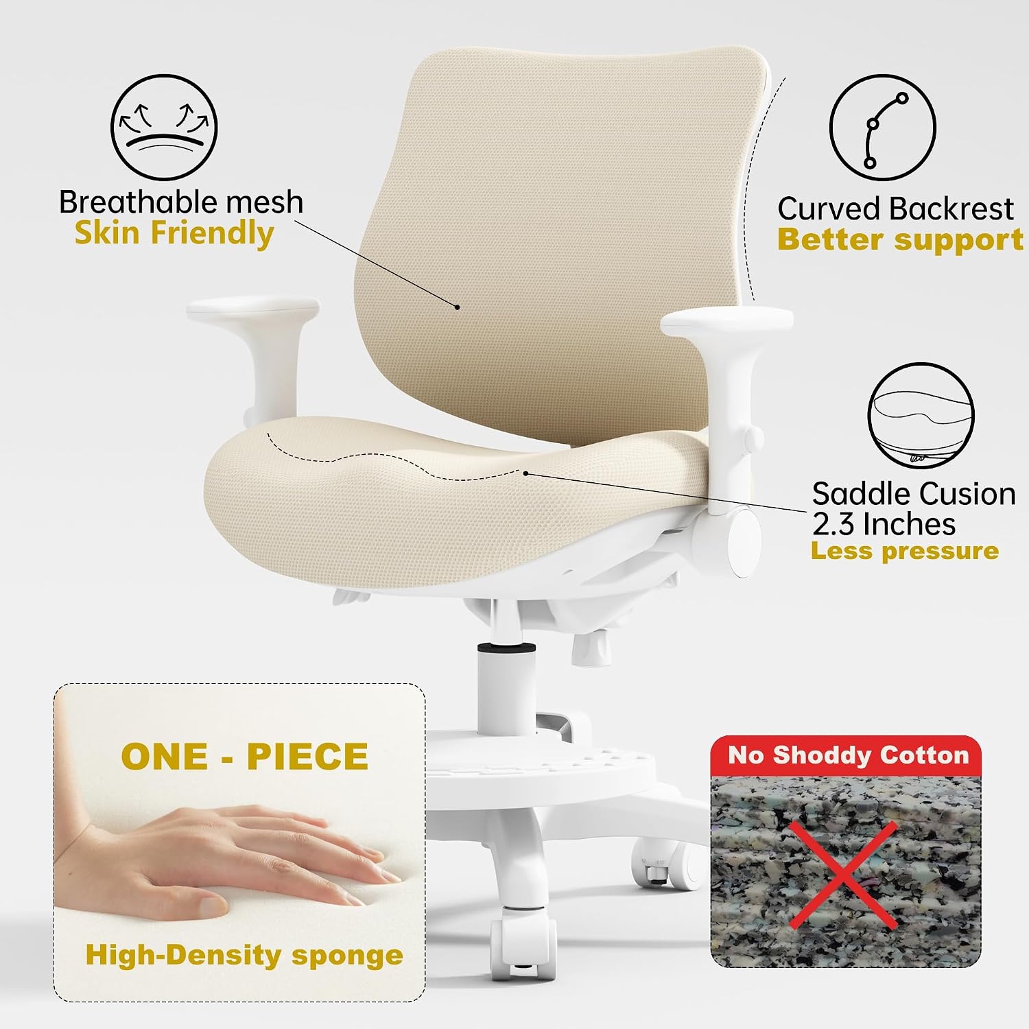 Desk Chair, Ergonomic Study Chair for Kids with Lumbar Support and Footrest, Adjustable Height, Flip-Up Armrests, Mesh Student Chair with Adjustable backrest, Model Deer (Beige)