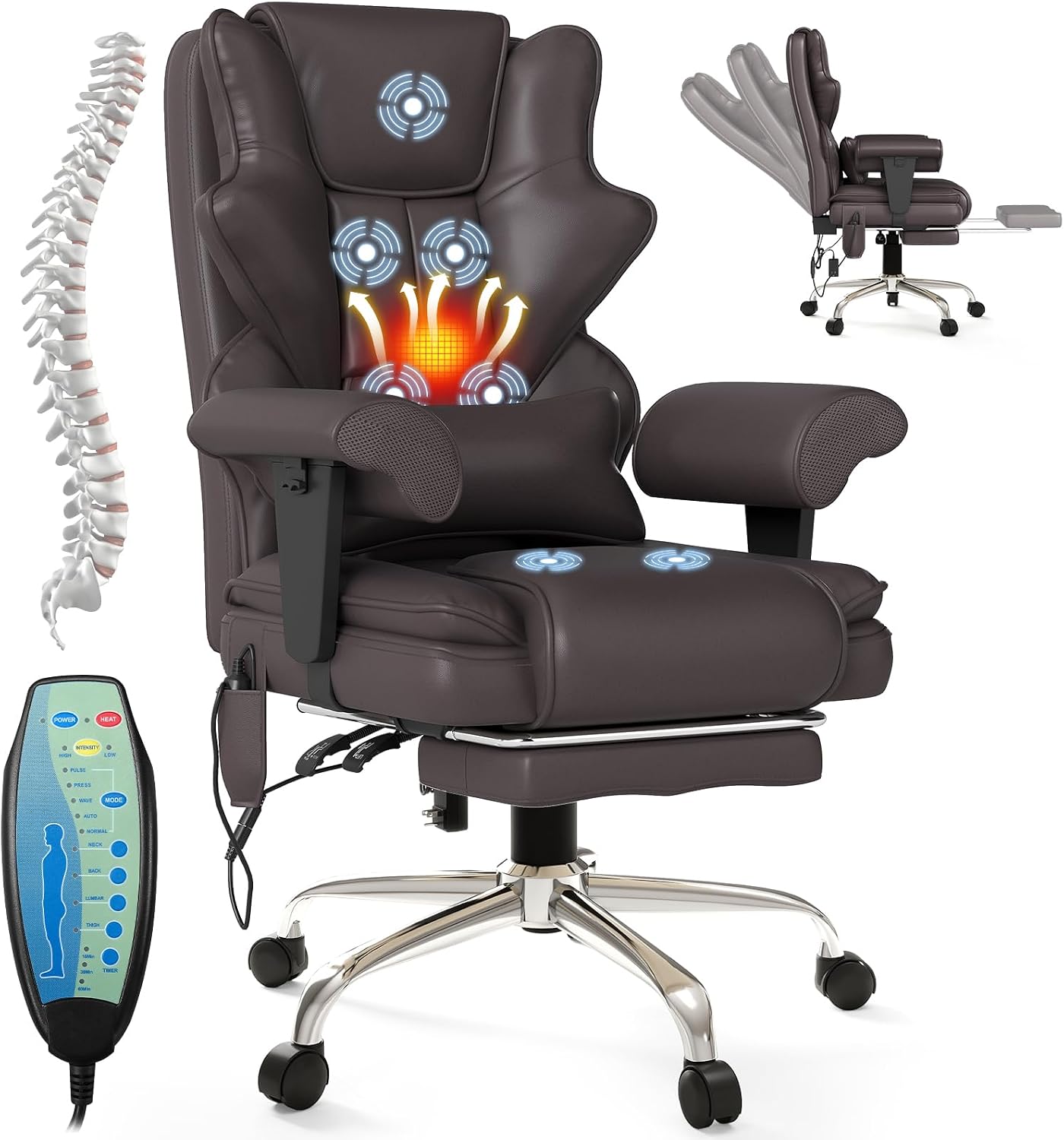 7-Point Massage Office Chair,Heated Manageral Chair,Ergonomic Executive Chair with Footrest,Adjustable Armrest，Computer Chair for Offices, Study Areas,Gaming Spaces,Brown