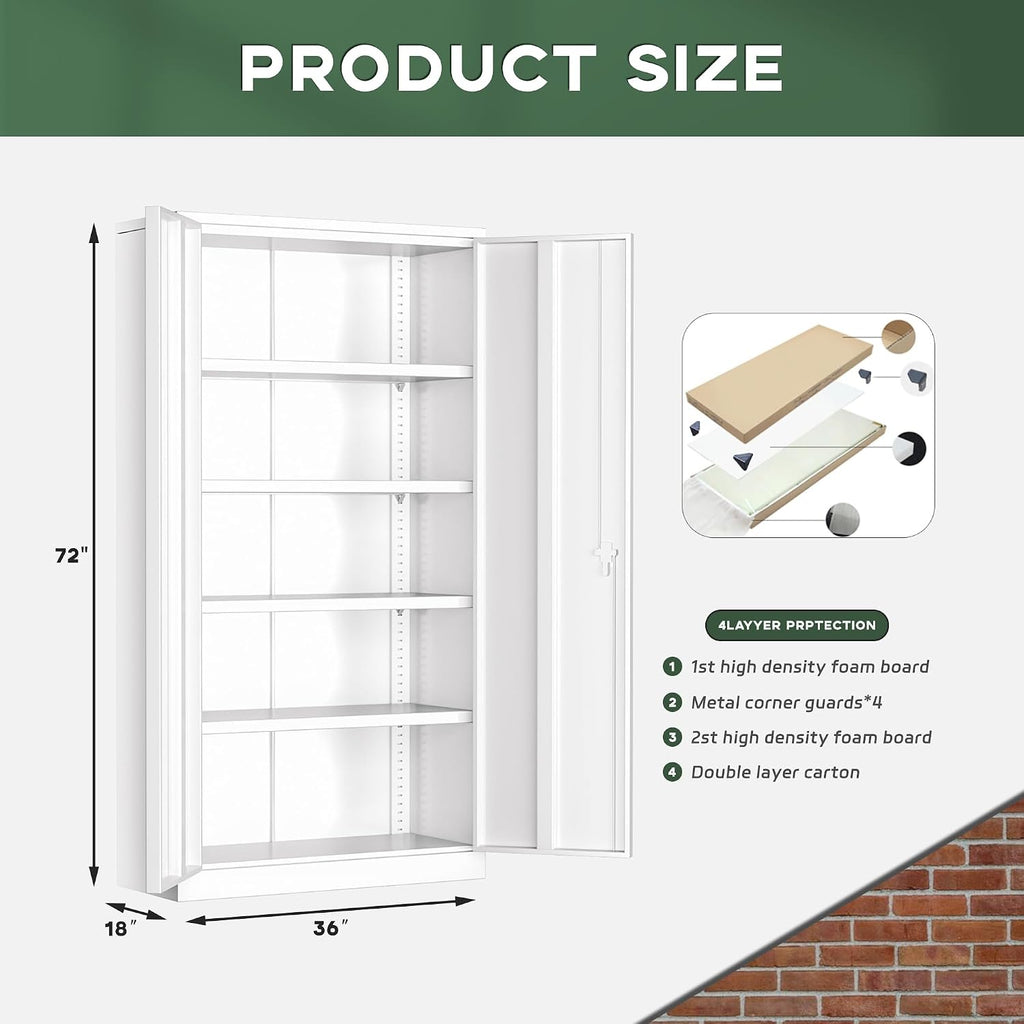 Greenvelly Metal Storage Cabinet, 72' Locking Metal Garage Storage Cabinet with Doors and 4 Adjustable Shelves, Lockable Steel Cabinets for Home Office, Garage, Shop, School (White 36' W x 18' D)