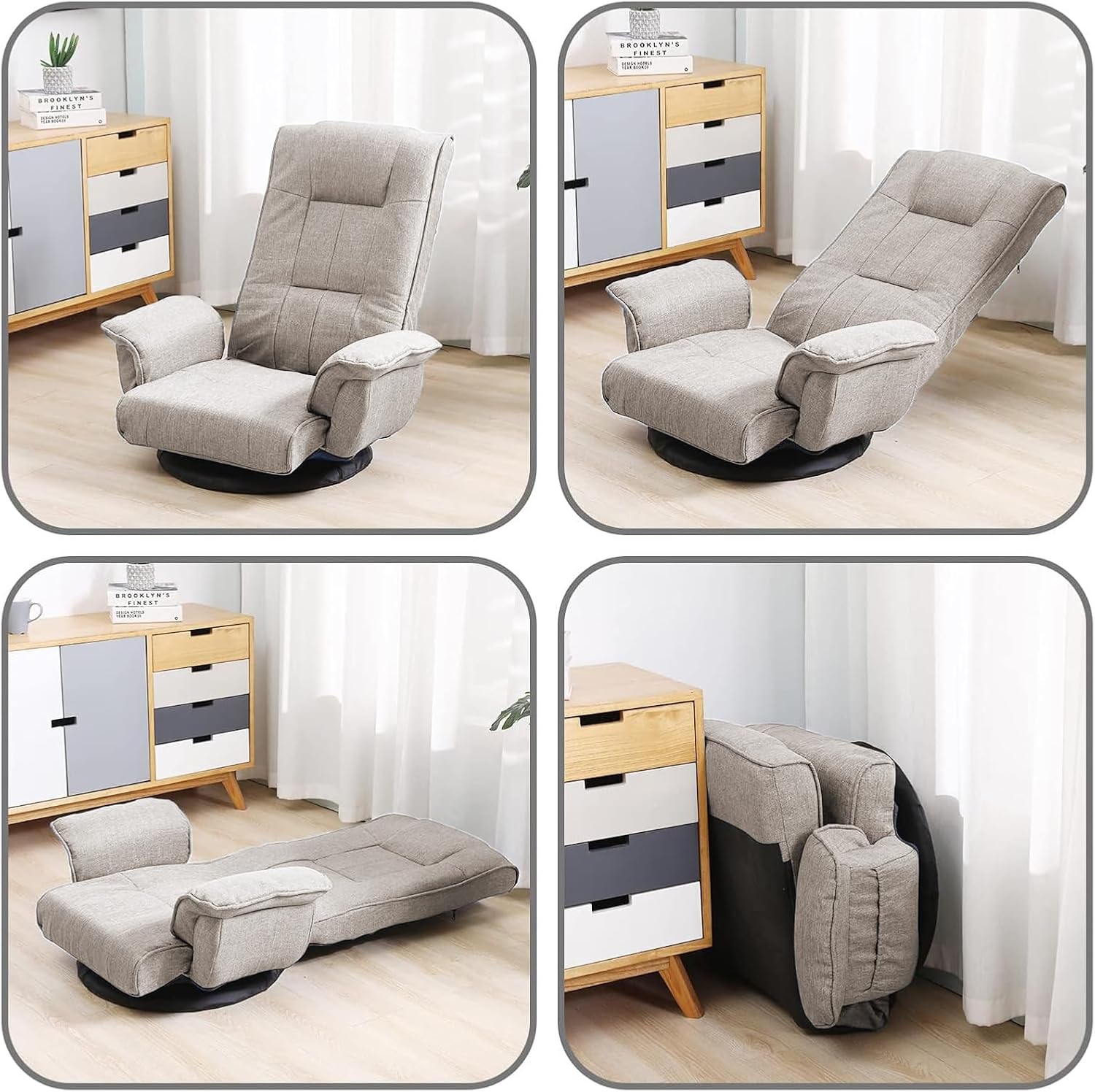 360 Swivel Gaming Chair 14-Position Adjustable Folding Floor Sofa with Armrests Lounger Bed for Home & Living Room Chaise Lounge Indoor for Adults QL201BE