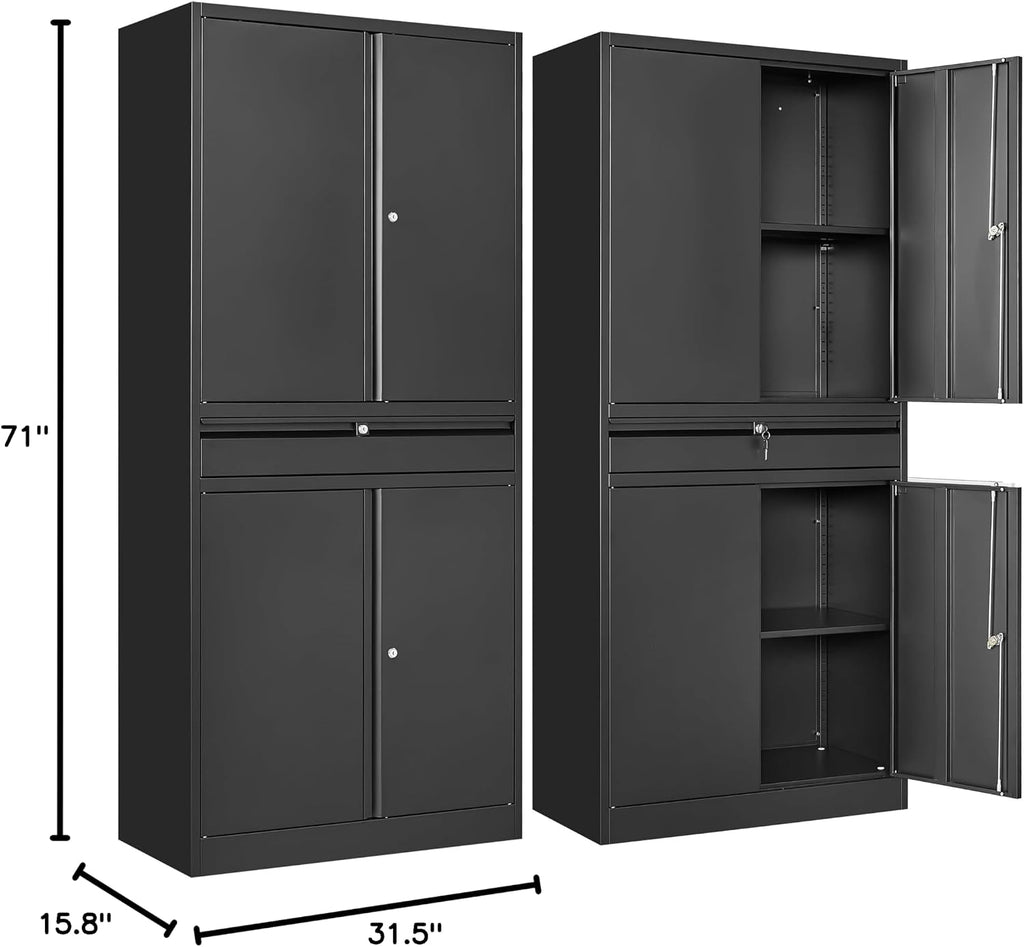SISESOL Metal Garage Storage Cabinet with Drawer and Lock,Black Metal Storage Cabinet with Locking Doors and Adjustable Shelves,71' Tall Large Steel Tool Cabinets for Home,Office,Garage,Shop
