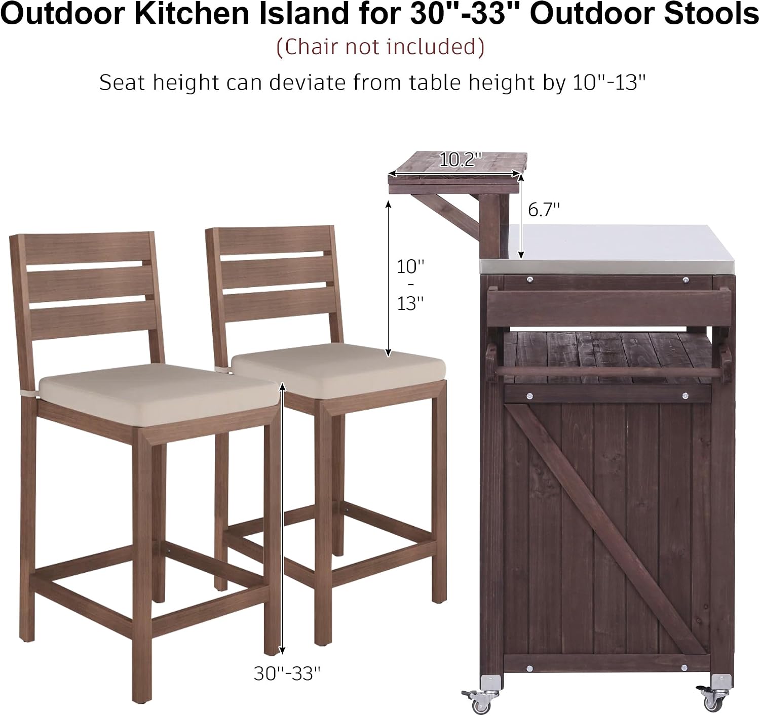 53.3' Outdoor Kitchen Island with Stainless Steel Top, Rolling Grill Cart with Adjustable Shelves, Raised Shelf, Lockable Wheels, Portable Outdoor Table and Bar Storage Cabinet for Patio