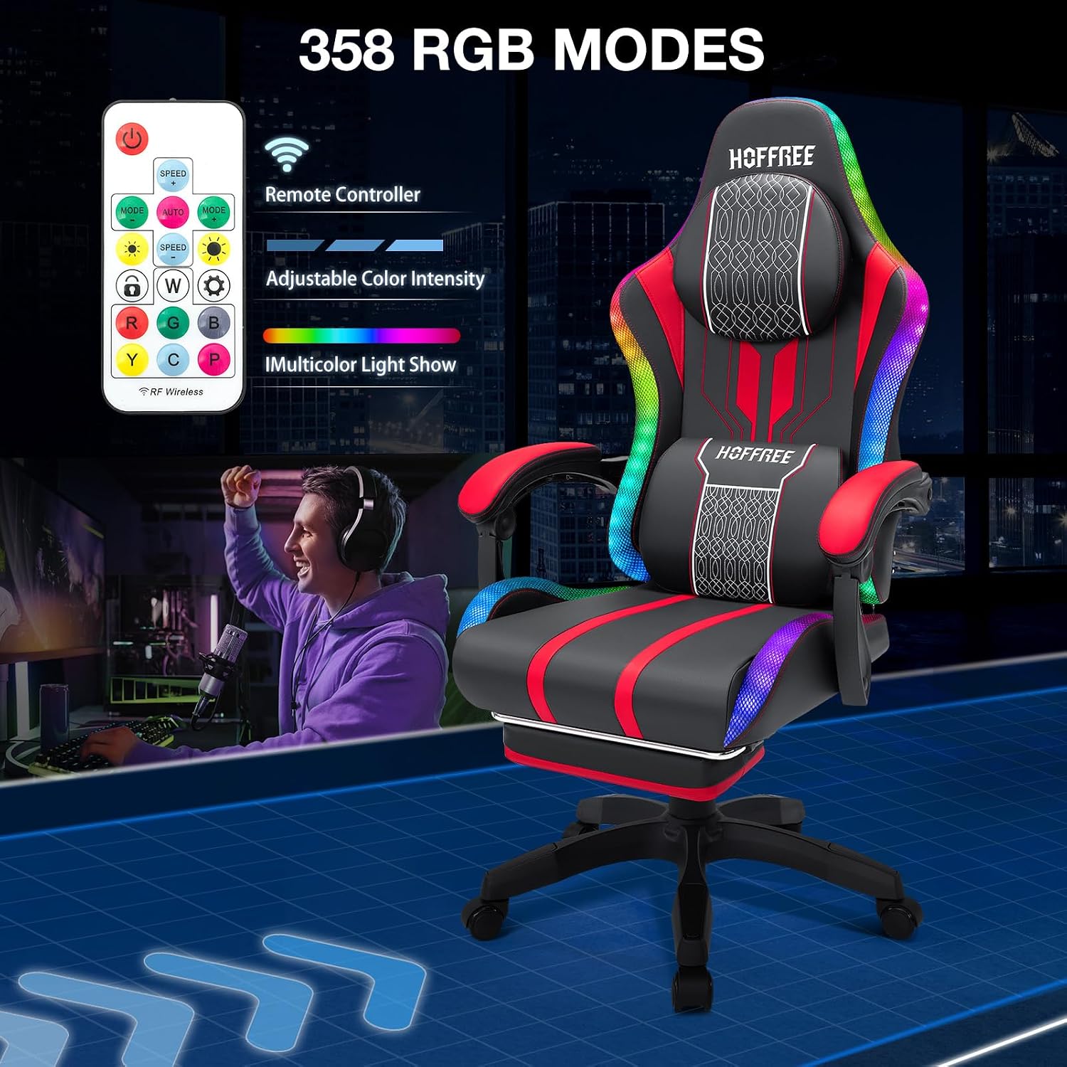 HOFFREE LED Gaming Chair with Speakers and Massage Video Game Chair Big and Tall with Footrest Gamer Chair for 400lbs Computer Desk Chair Red and Black, Red+black, HOGC-MAX303