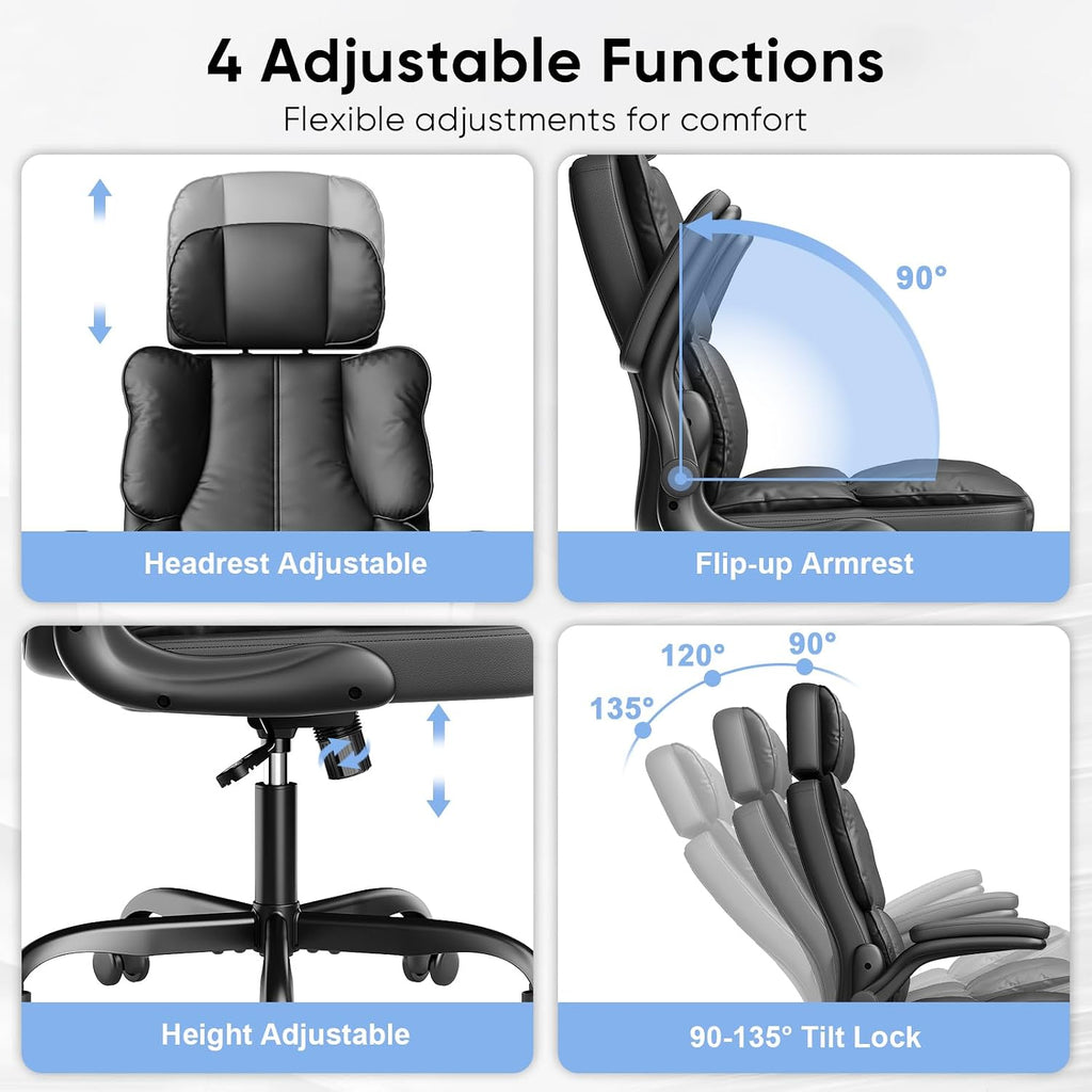 Kensaker Ergonomic Executive Office Chair with Adjustable Headrest & 90° Flip-Up Arms, High Back PU Leather Computer Desk Chair with 135° Rocking & Double Padding for Home Office Comfort, Black