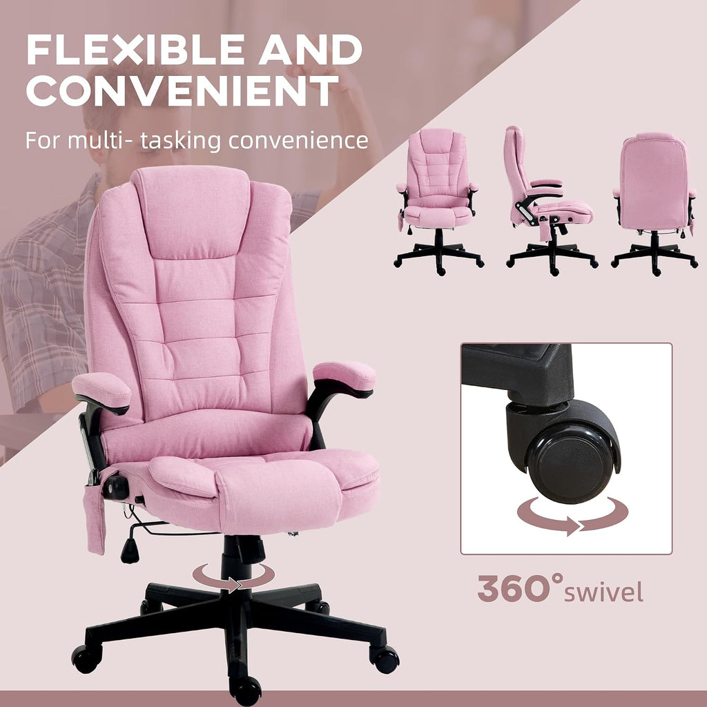 Vinsetto 6 Point Vibrating Massage Office Chair with Heat, Linen High Back Executive Office Chair with Reclining Backrest, Padded Armrests and Remote, Pink