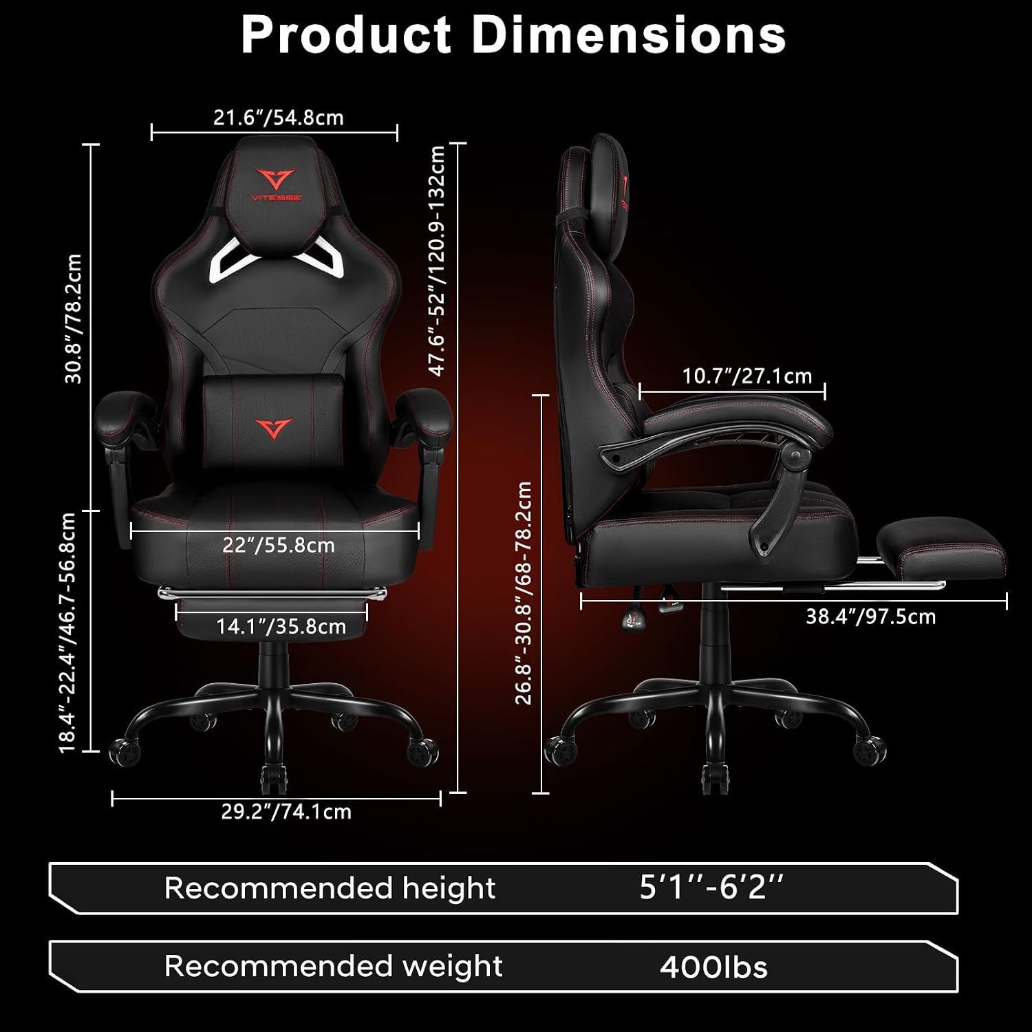 VITESSE Big and Tall Gaming Chair 400lb Weight Capacity with Footrest, Ergonomic Video Game Chair for Adults with Oversized Headrest and Lumbar Pillow, Computer Chair Gaming for Office