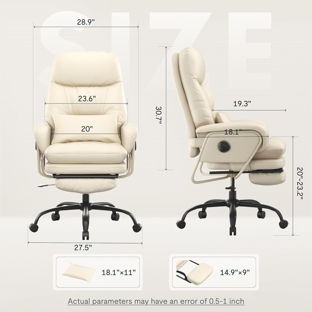 FLEXISPOT Ergonomic Office Chair with Footrest High Back Computer Desk Chairs Indoor Lounge Chair with Wheels 90-165° Reclining Lumbar Support, Chairs for Working Relaxing Cross Legged, Leather, White