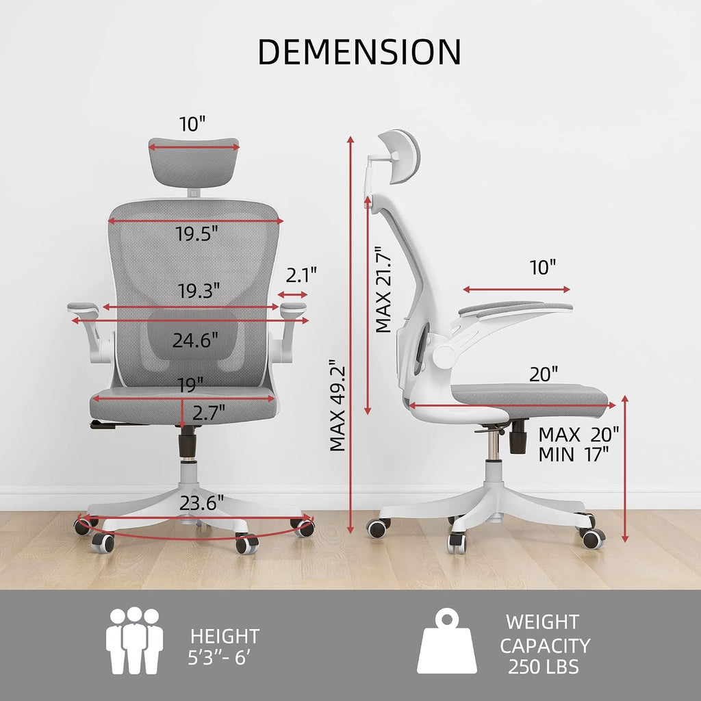 Monhey Ergonomic Office Chair, 90°-125° Tilt Back Home Desk Chair with 360° Swivel & Mute Wheels, High Back Mesh Computer Chair for Adults with Lumbar Support, 330 LBS Capacity (01White+Gray)