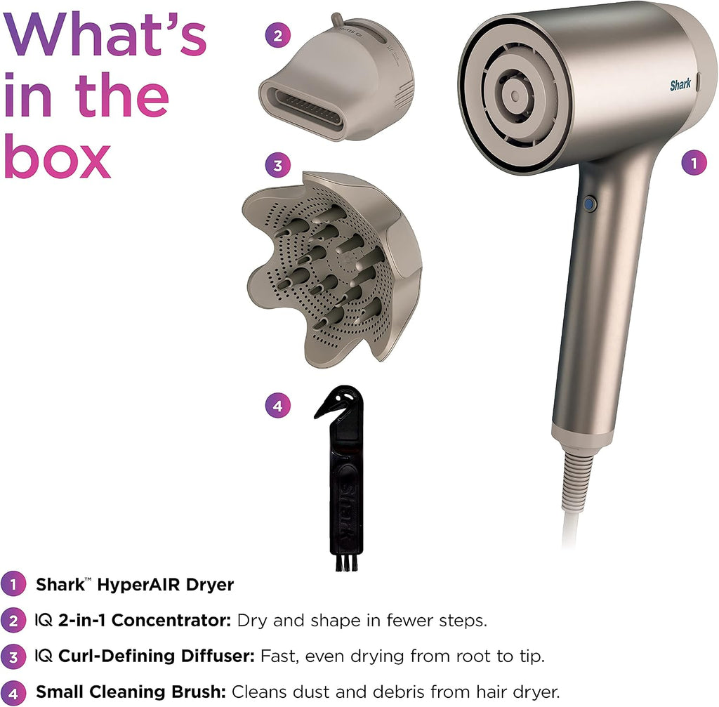 Shark HD113BRN Hair Blow Dryer HyperAIR Fast-Drying with IQ 2-in-1 Concentrator and Curl-Defining Diffuser Attachments, Auto Presets, Ionic, Styling Tools, No Heat Damage, Extendable Prongs, Stone