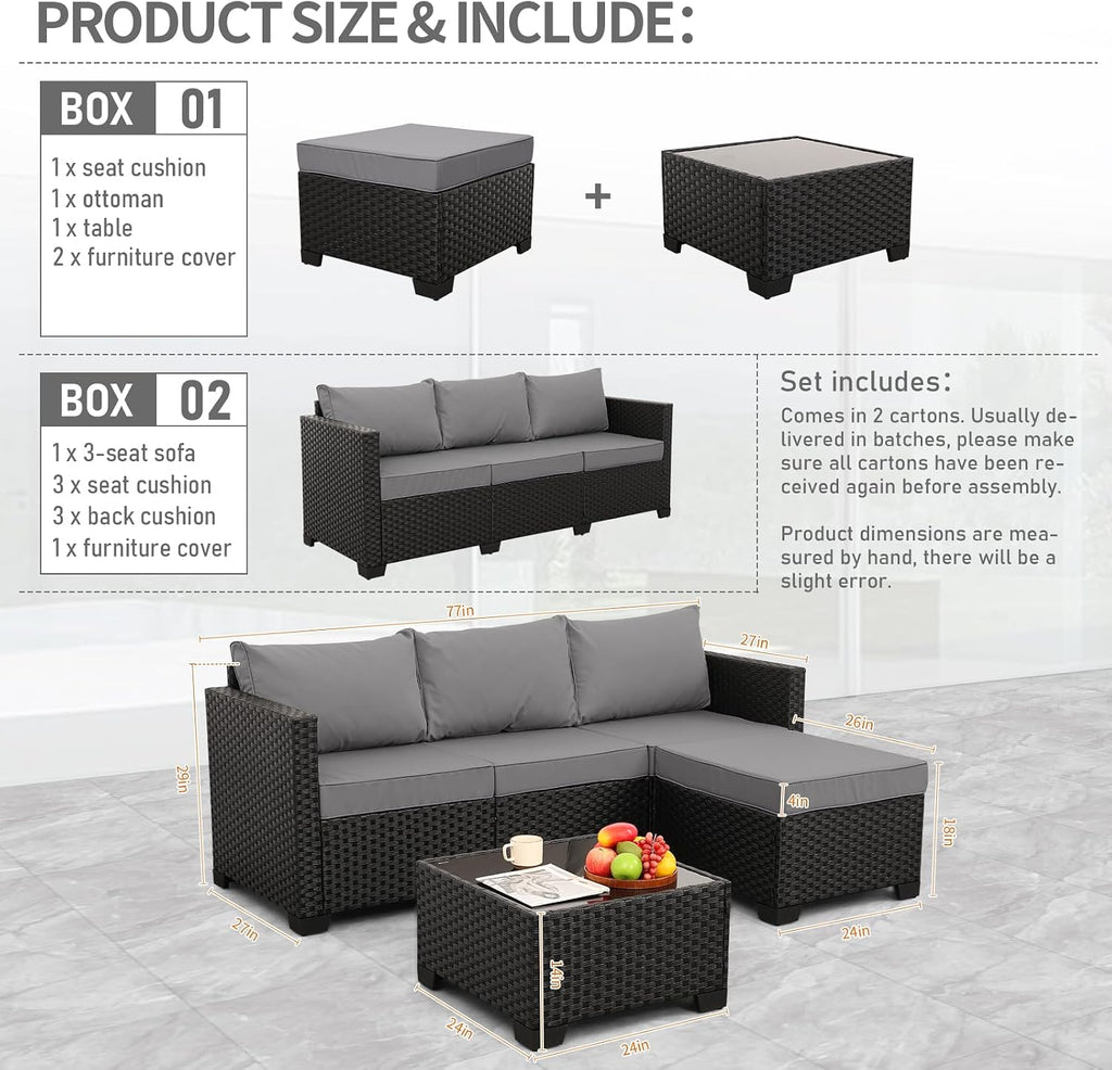 Oasishine Wicker Patio Furniture Patio Couch 3 Pieces Outdoor Sectional with Ottoman and Outdoor Glass Table Weathering Anti-Slip Cushions Furniture Covers, Light Grey