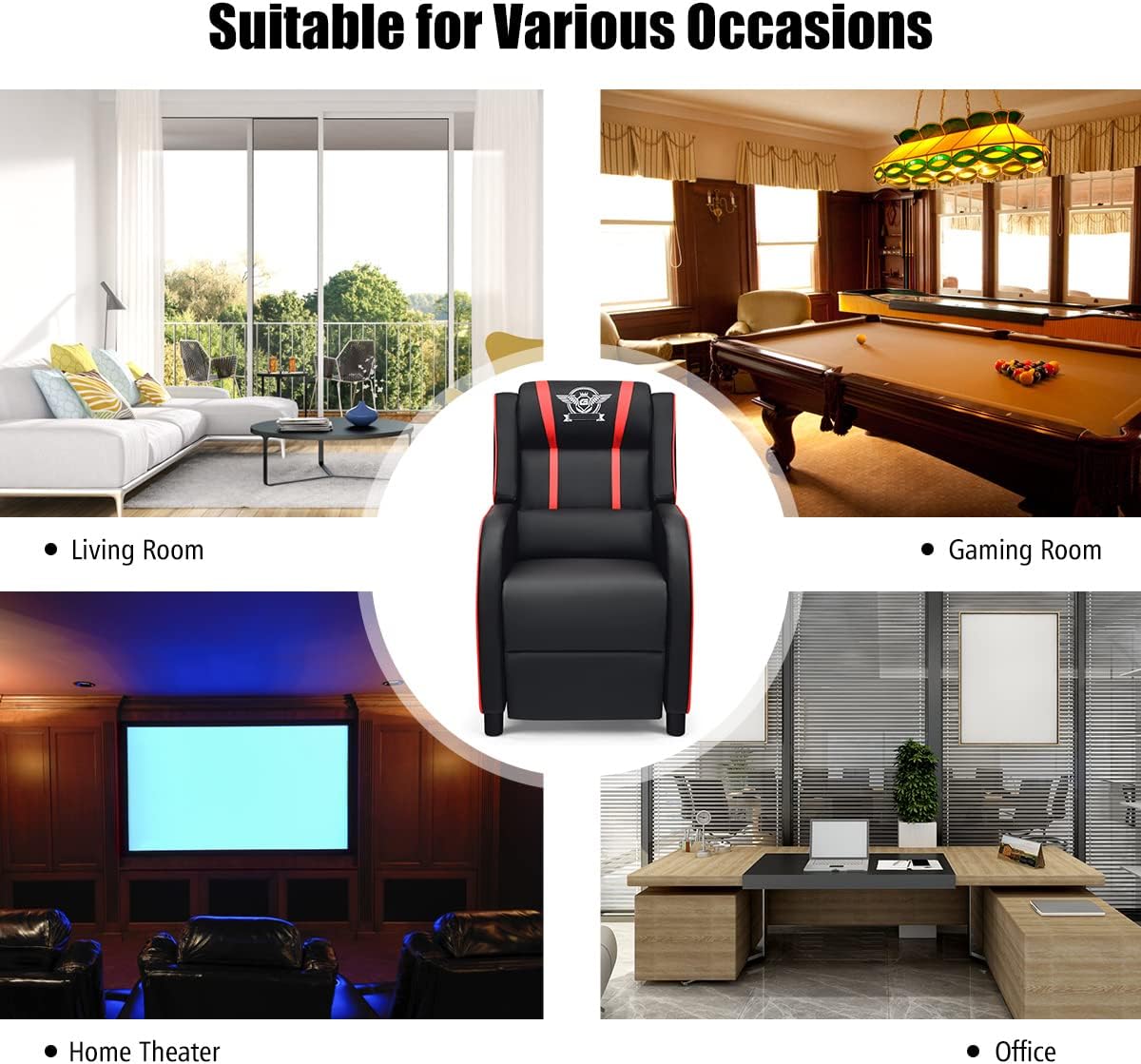 Harmony-Furniture Modern Massage Gaming Recliner Chair, PU Leather Home Theater Recliner Chairs w/Footrest and Massage, Racing Style Sofa Chair for Living Bedroom Gaming Room (Red)