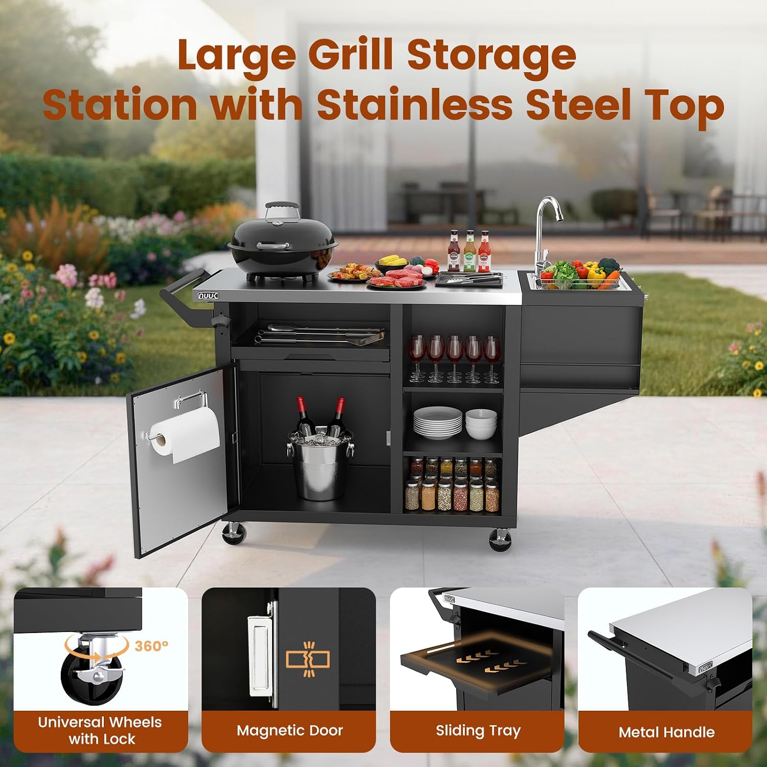 NUUK Outdoor Grill Cart on Wheel, Pizza Oven Table with Sink & Storage, 20'x42' Stainless Steel Prep Table Kitchen Island Cabinet for Backyard BBQ