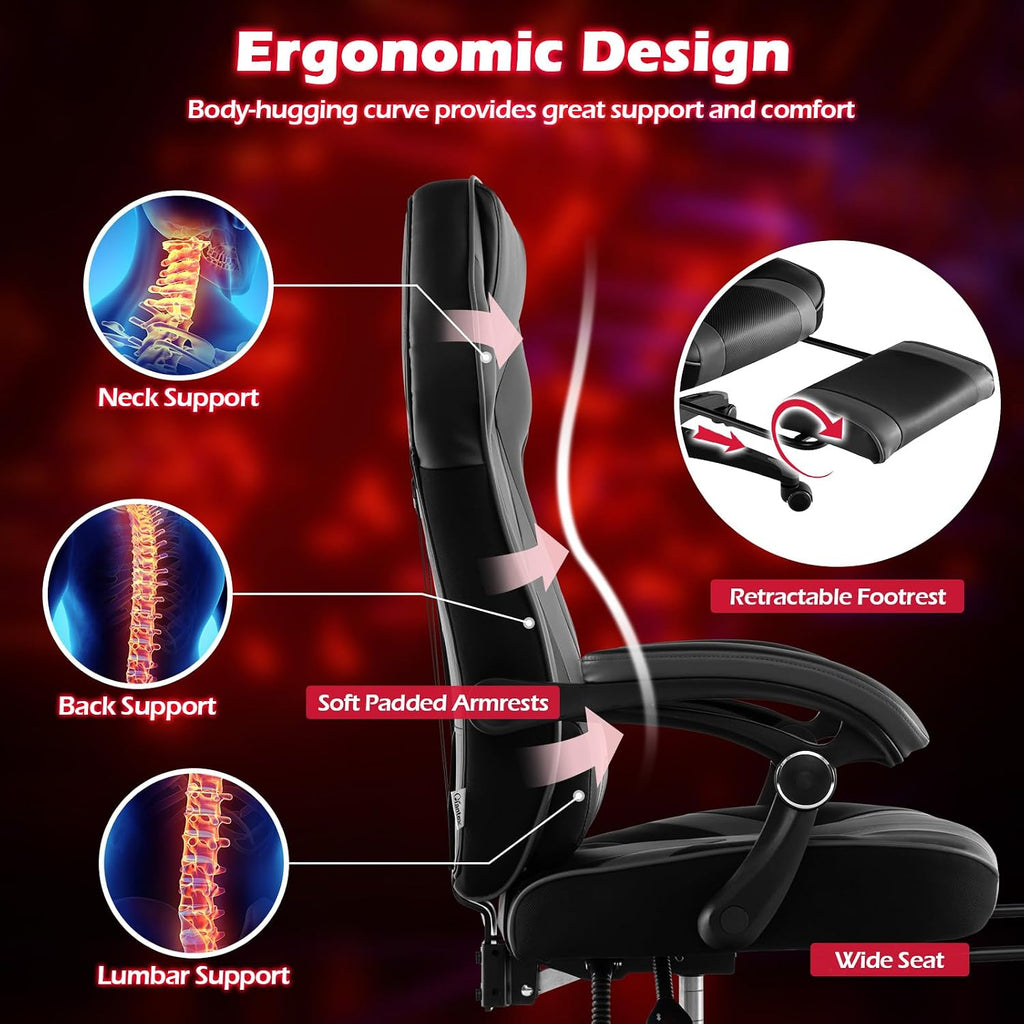 Giantex Gaming Chair with Footrest for Adults, Reclining Video Game Chair w/Lumbar Support, Racing Style Ergonomic Office Computer Chair, Height Adjustable Swivel Gamer Chair for Gaming (Grey)
