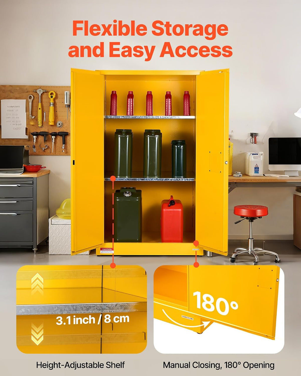 VEVOR Flammable Cabinet 34' x 38' x 65', 65 Gallon Flammable Storage Cabinet with Adjustable Shelf, Cold-Rolled and Galvanized Steel Fire Cabinets, for Commercial Industrial Home Use, Yellow